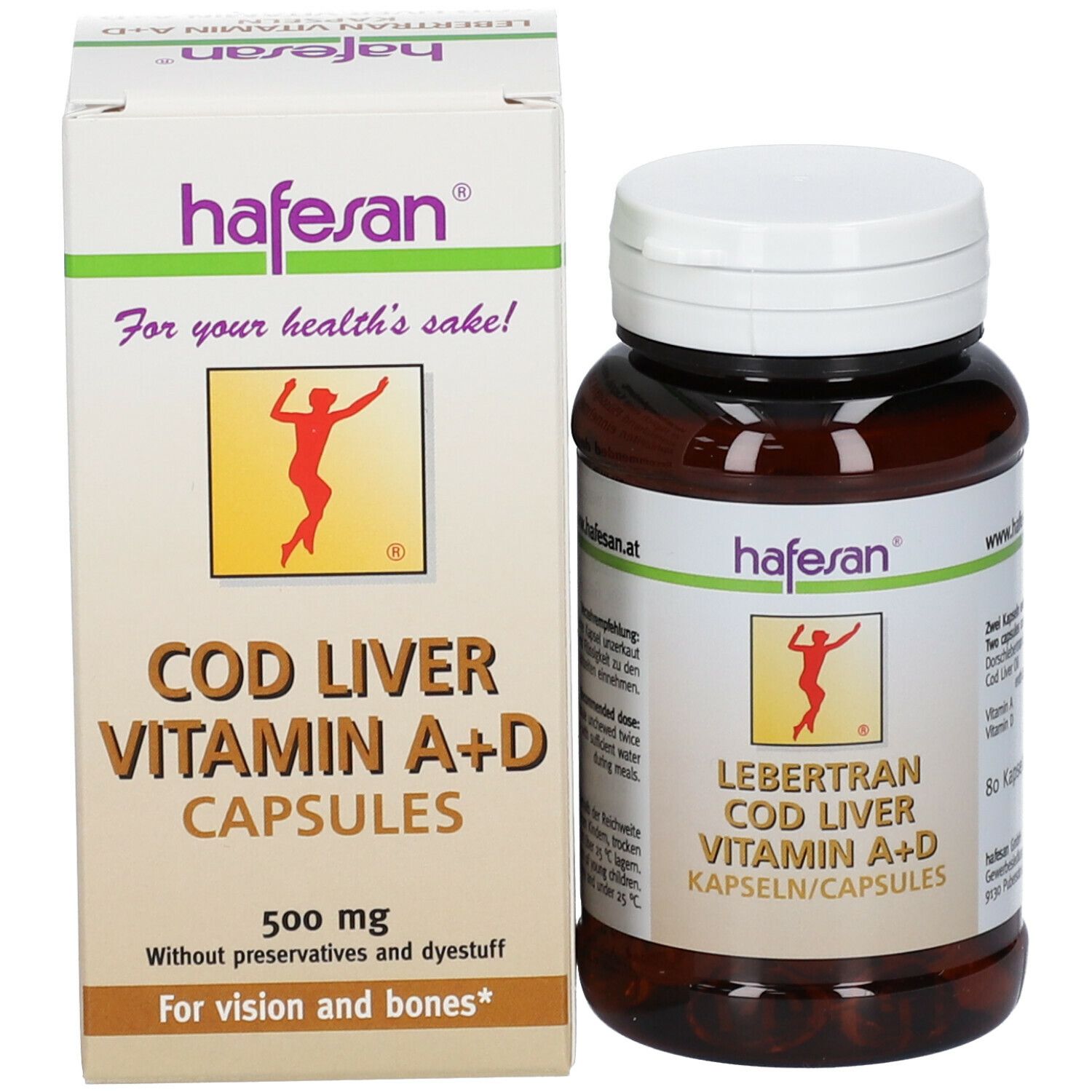 Eine Flasche und eine Schachtel. Aufschrift: Lebertran Vitamin A+D Kapseln. 500 mg. Ohne Konservierungs- und Farbstoffe.
