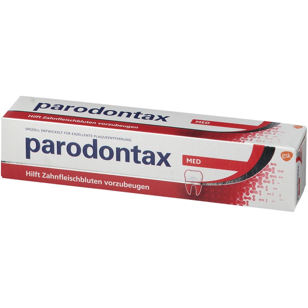 Zahncreme-Verpackung, weiß mit roter Schrift. Aufschrift: parodontax MED. Mit Zahn-Symbol.