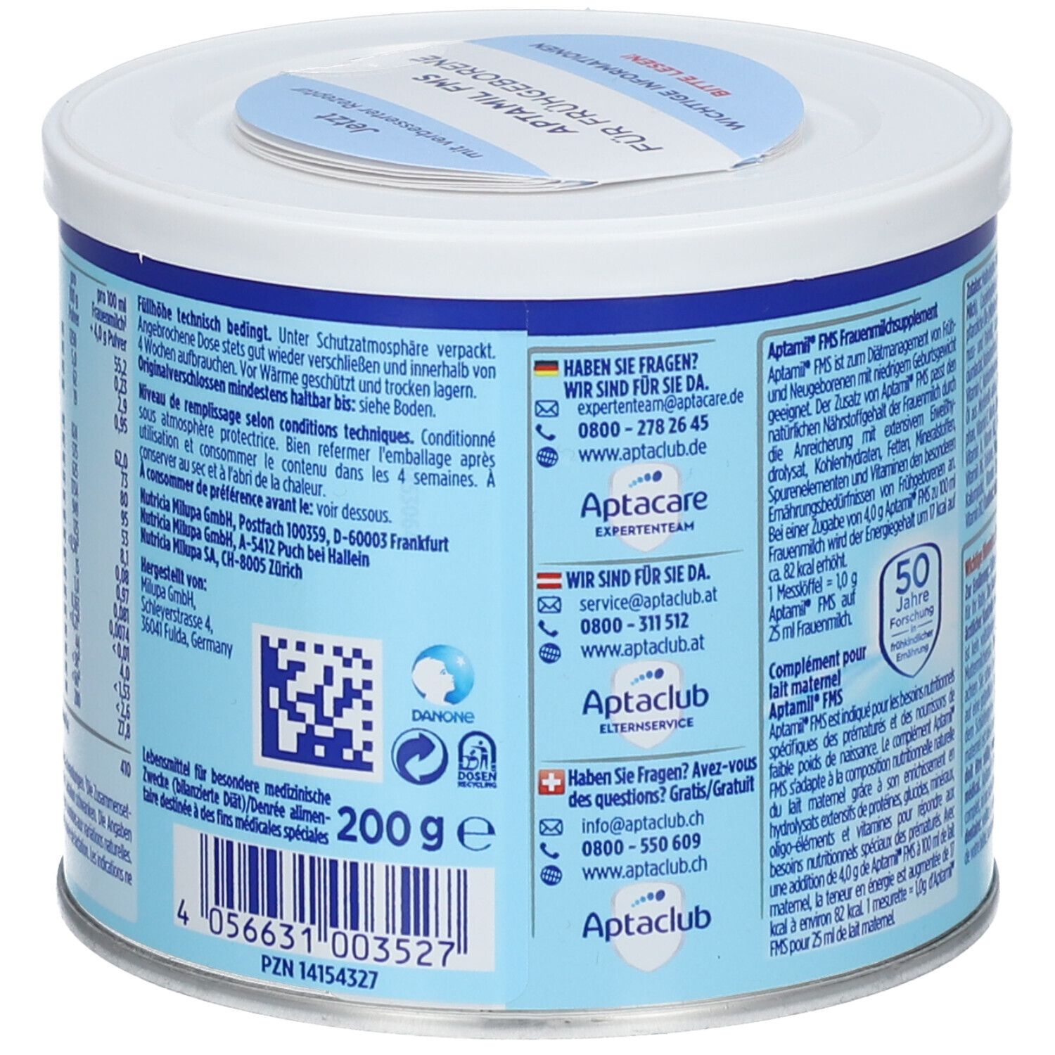 Rückseite der Aptamil FMS Dose. Textinformationen, Nährwertangaben, Kontaktinformationen und Barcode. 200g.