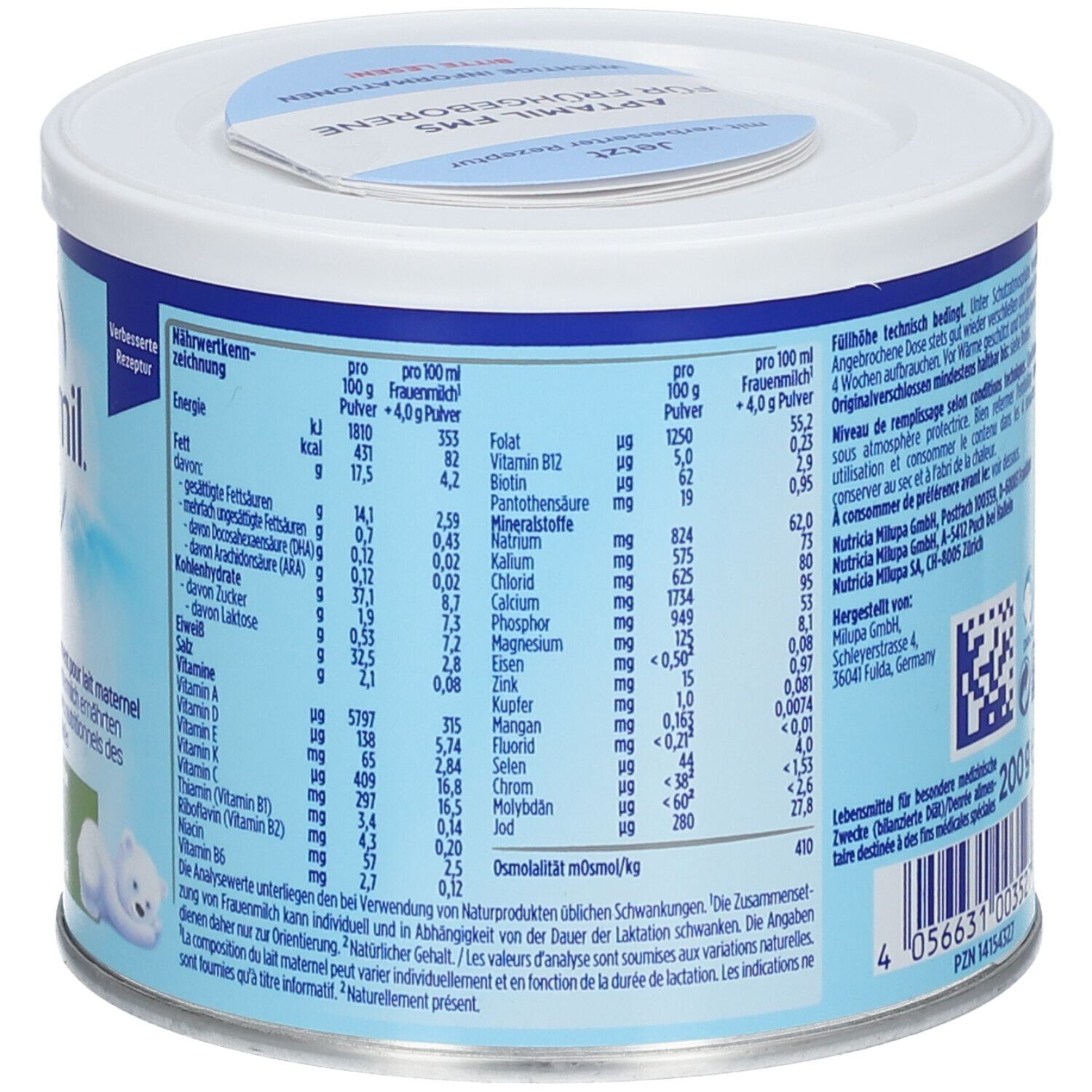 Rückseite der Aptamil FMS Dose. Textinformationen, Nährwertangaben, Kontaktinformationen und Barcode.