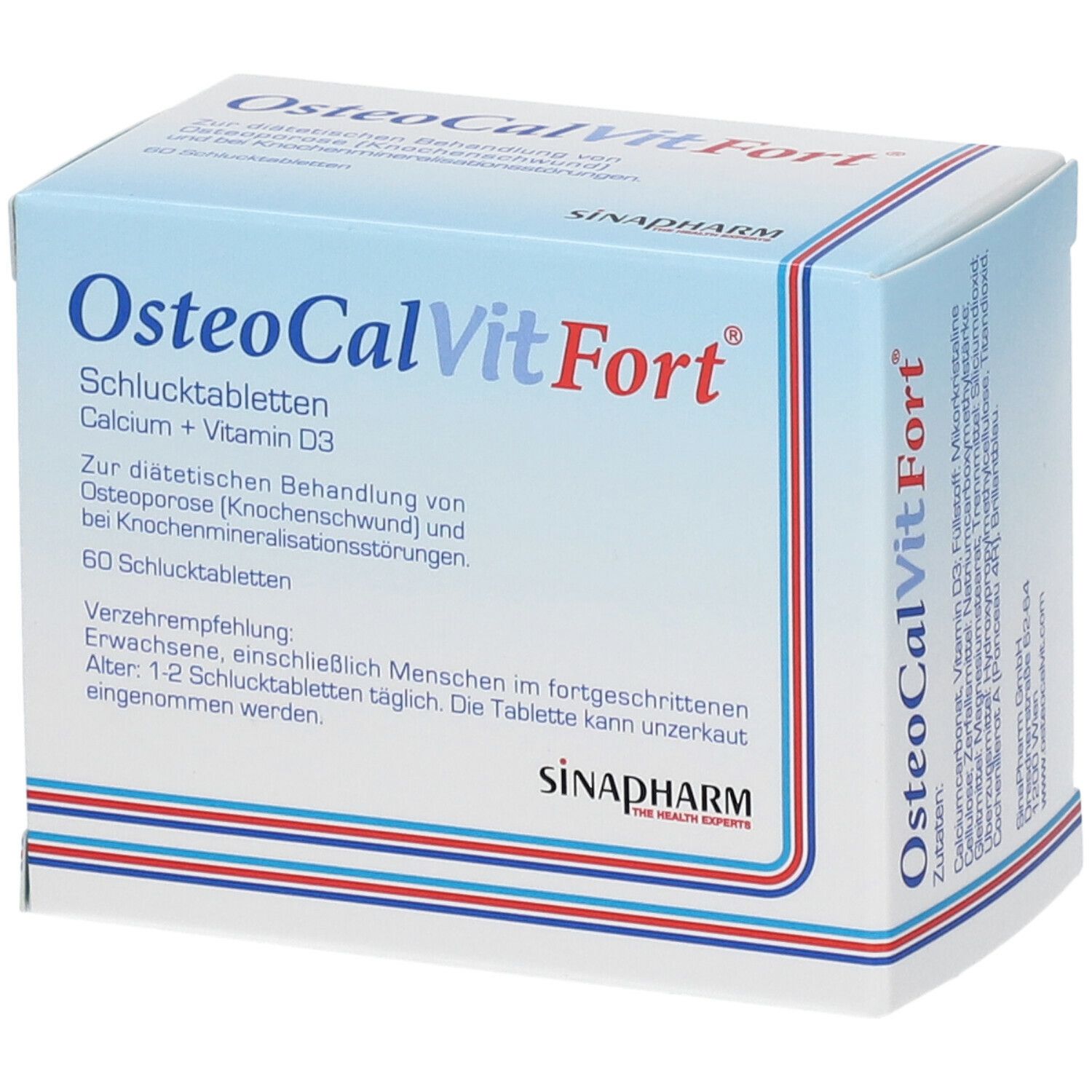 OsteoCalVitFort® Schlucktabletten-Packung. Enthält 60 Tabletten. Calcium + Vitamin D3. SINAPHARM Logo.