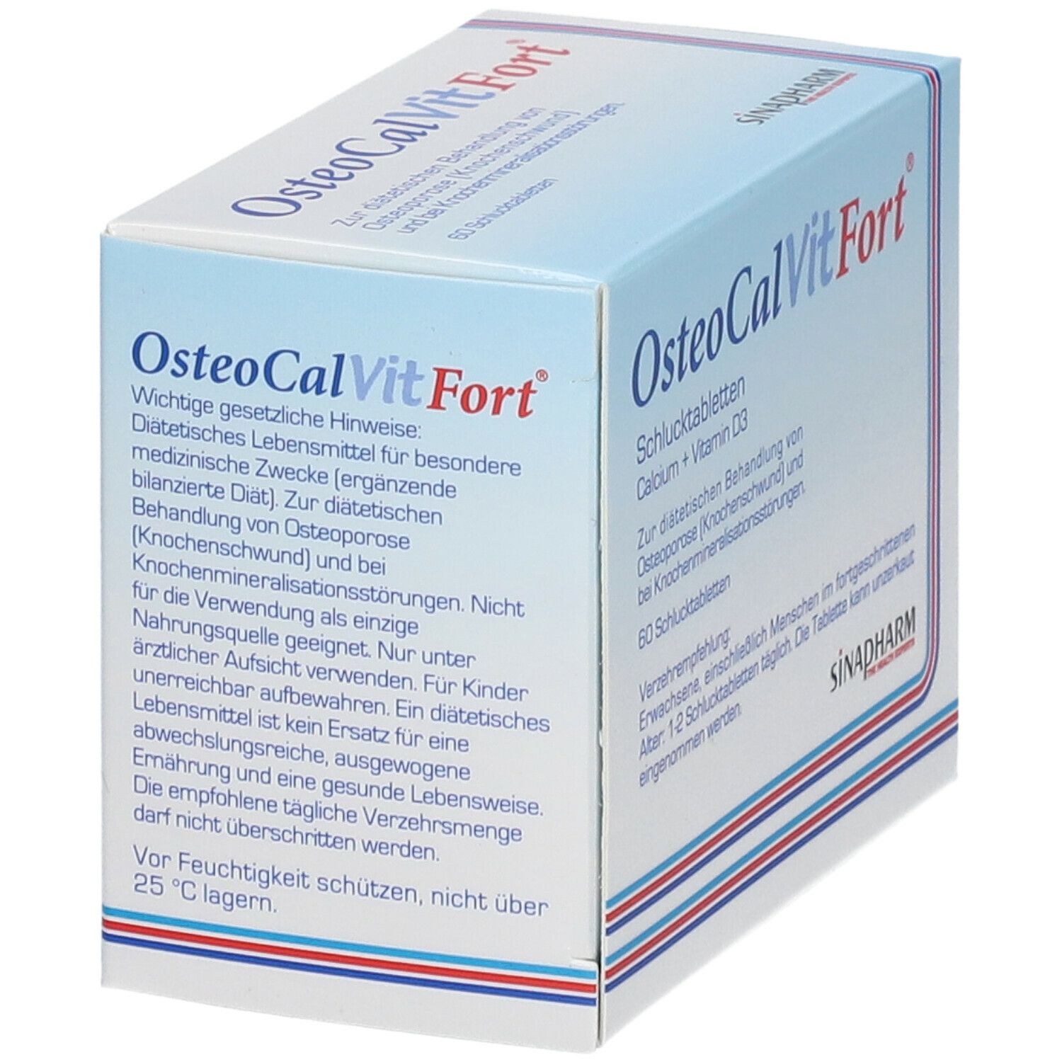 OsteoCalVitFort® Packung. Text auf Deutsch. SINAPHARM Logo. Enthält 60 Tabletten. Calcium + Vitamin D3.