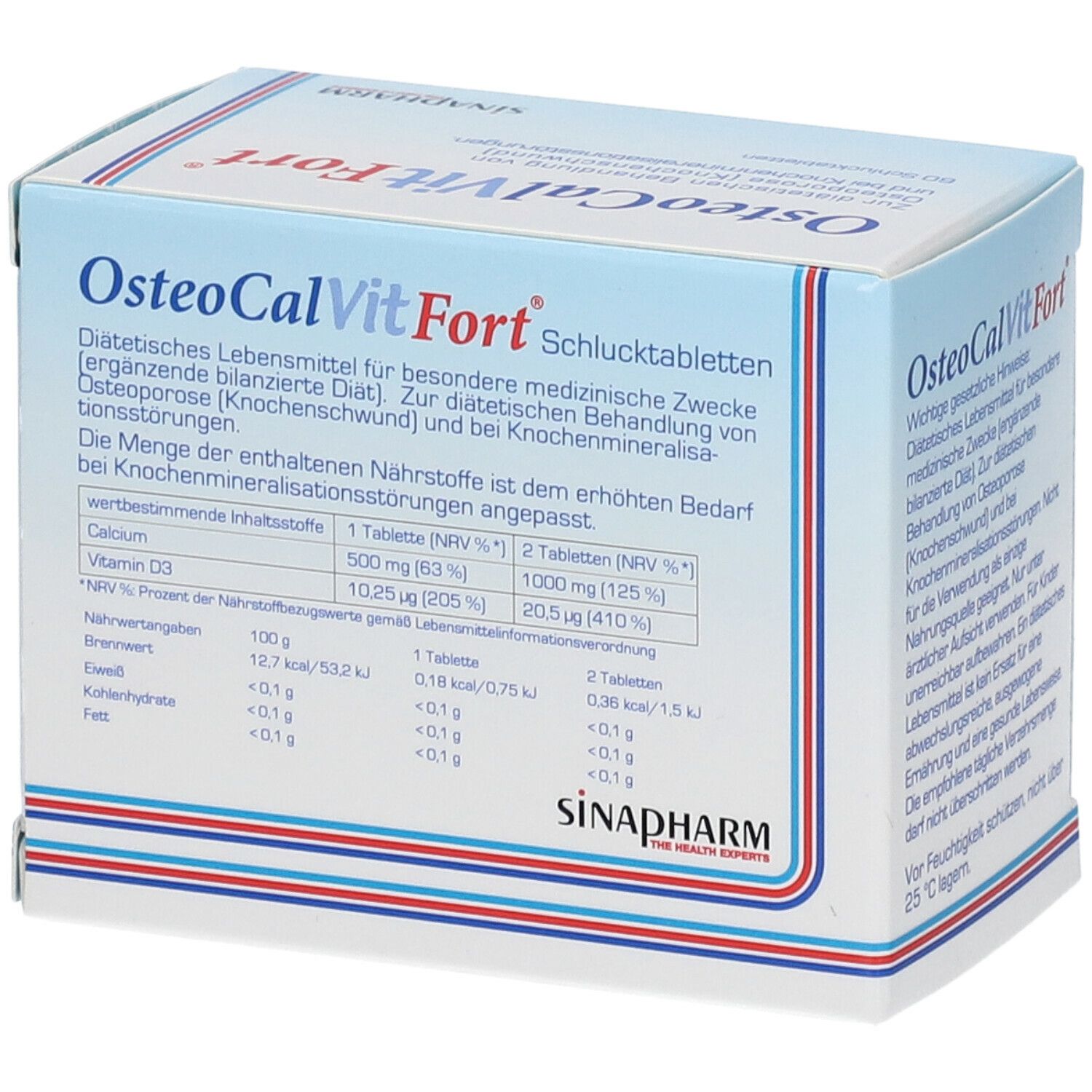 OsteoCalVitFort® Packung. Enthält Nährwertangaben. SINAPHARM Logo. 60 Tabletten. Calcium + Vitamin D3.
