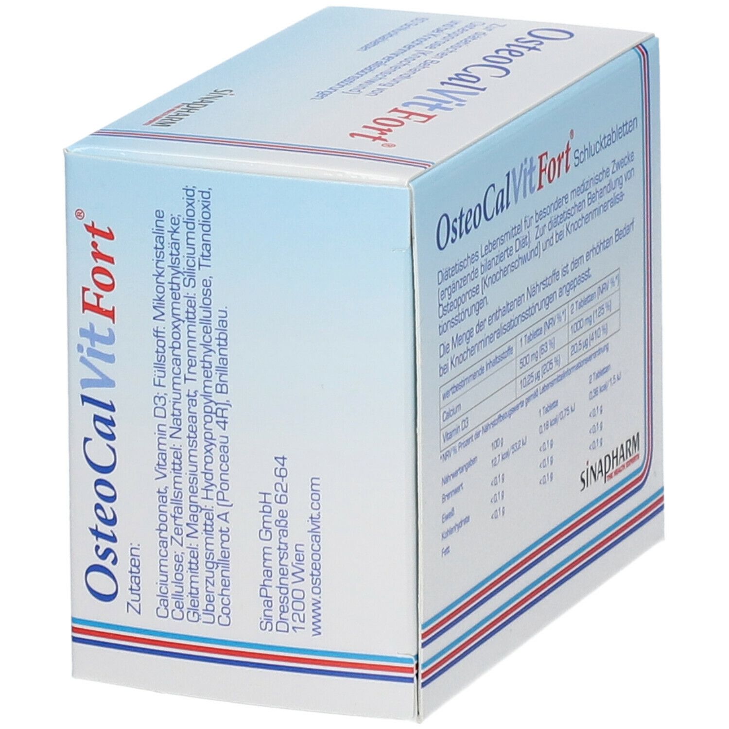 OsteoCalVitFort® Packung. Zutatenliste. SINAPHARM Logo. 60 Tabletten. Calcium + Vitamin D3.