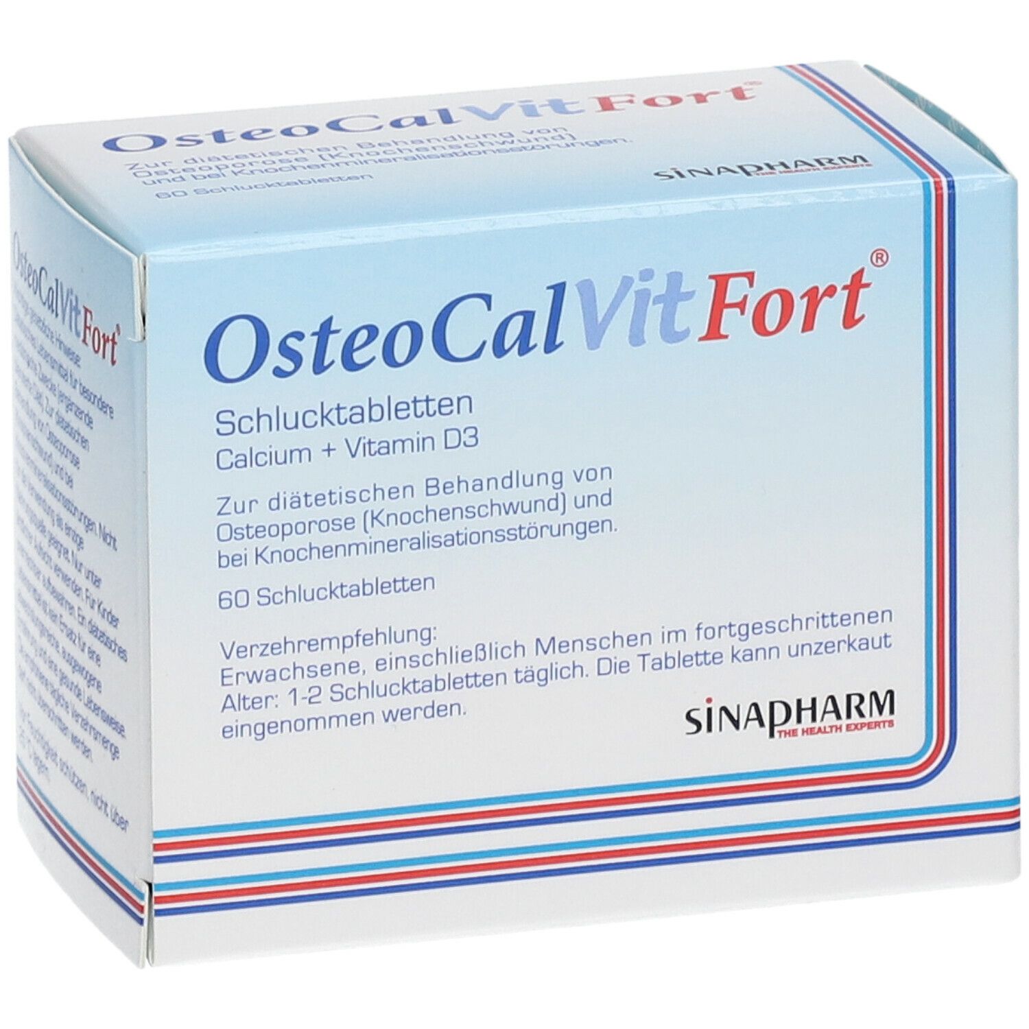OsteoCalVitFort® Schlucktabletten-Packung. Enthält 60 Tabletten. Calcium + Vitamin D3. SINAPHARM Logo.
