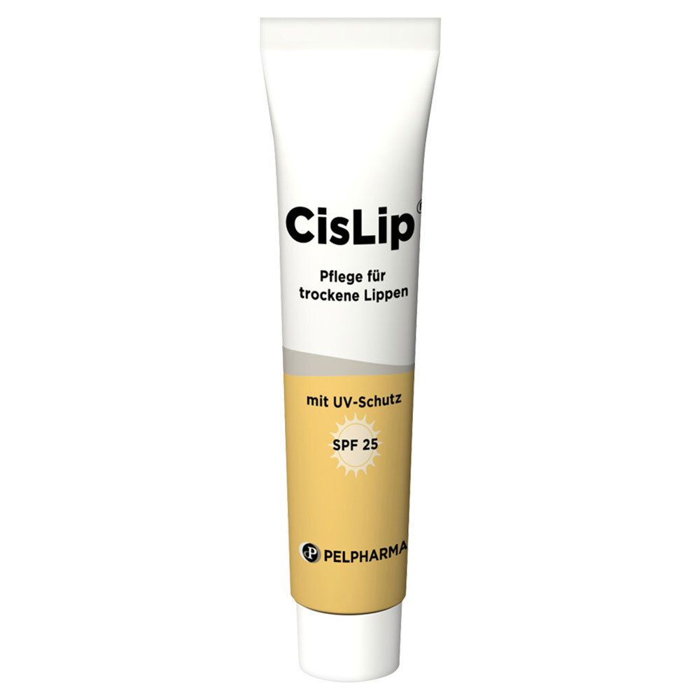 CisLip®-Tube. Pflege für trockene Lippen. Mit UV-Schutz, SPF 25. Weiß-gelbe Tube mit schwarzer Schrift. Marke: Pelpharma.