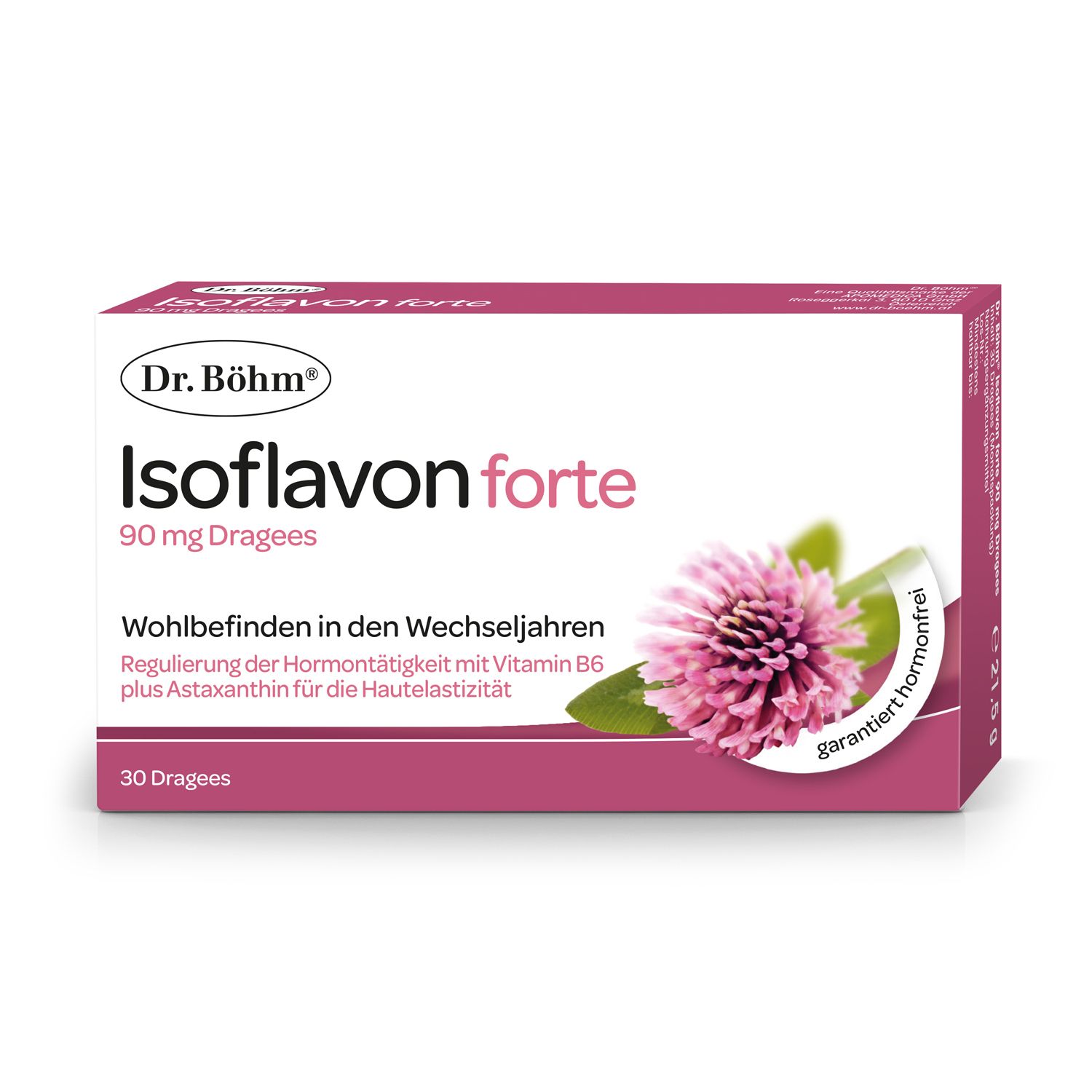 Dr. Böhm Isoflavon forte, 90 mg Dragees. Verpackung mit Produktinformationen und Klee-Illustration.
