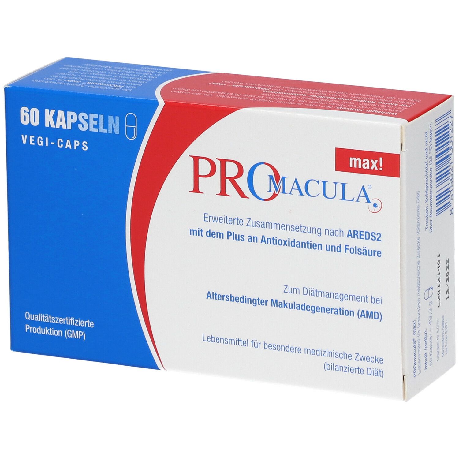 PROMACULA max! Packung mit 60 Kapseln. Aufschrift: Vegi-Caps. Text: Erweiterte Zusammensetzung nach AREDS2.