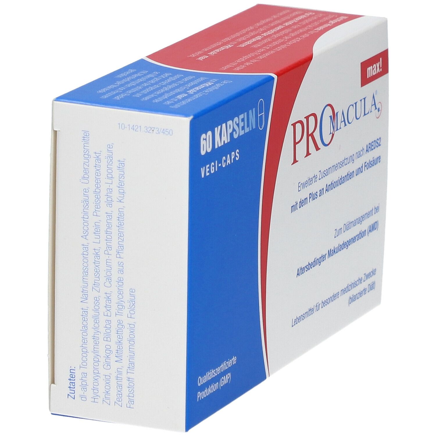 PROMACULA max! Packung, Seitenansicht. Aufschrift: 60 Kapseln, Vegi-Caps. Text: Erweiterte Zusammensetzung nach AREDS2.
