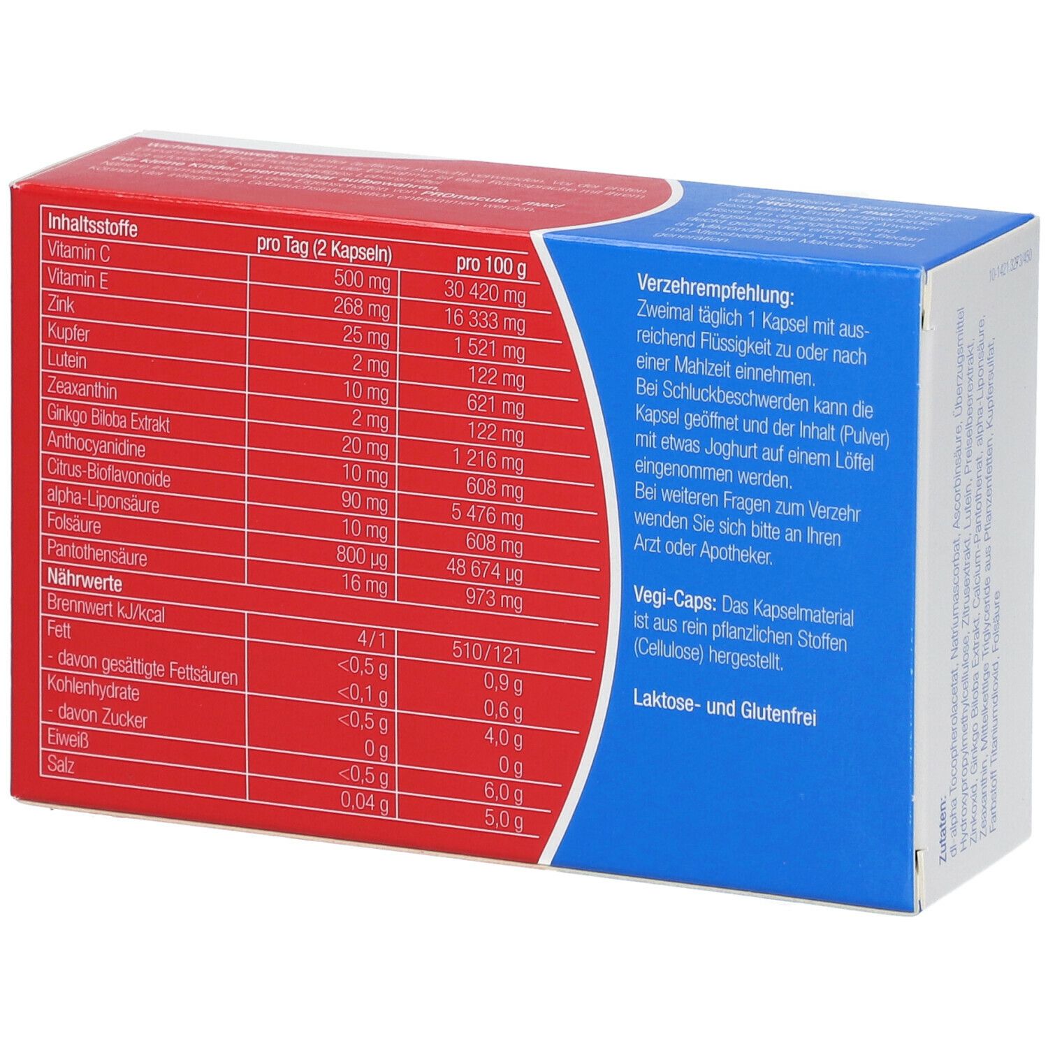 Rückseite der PROMACULA max! Packung. Enthält Nährwertangaben und Inhaltsstoffe. Text: Vegi-Caps, laktose- und glutenfrei.