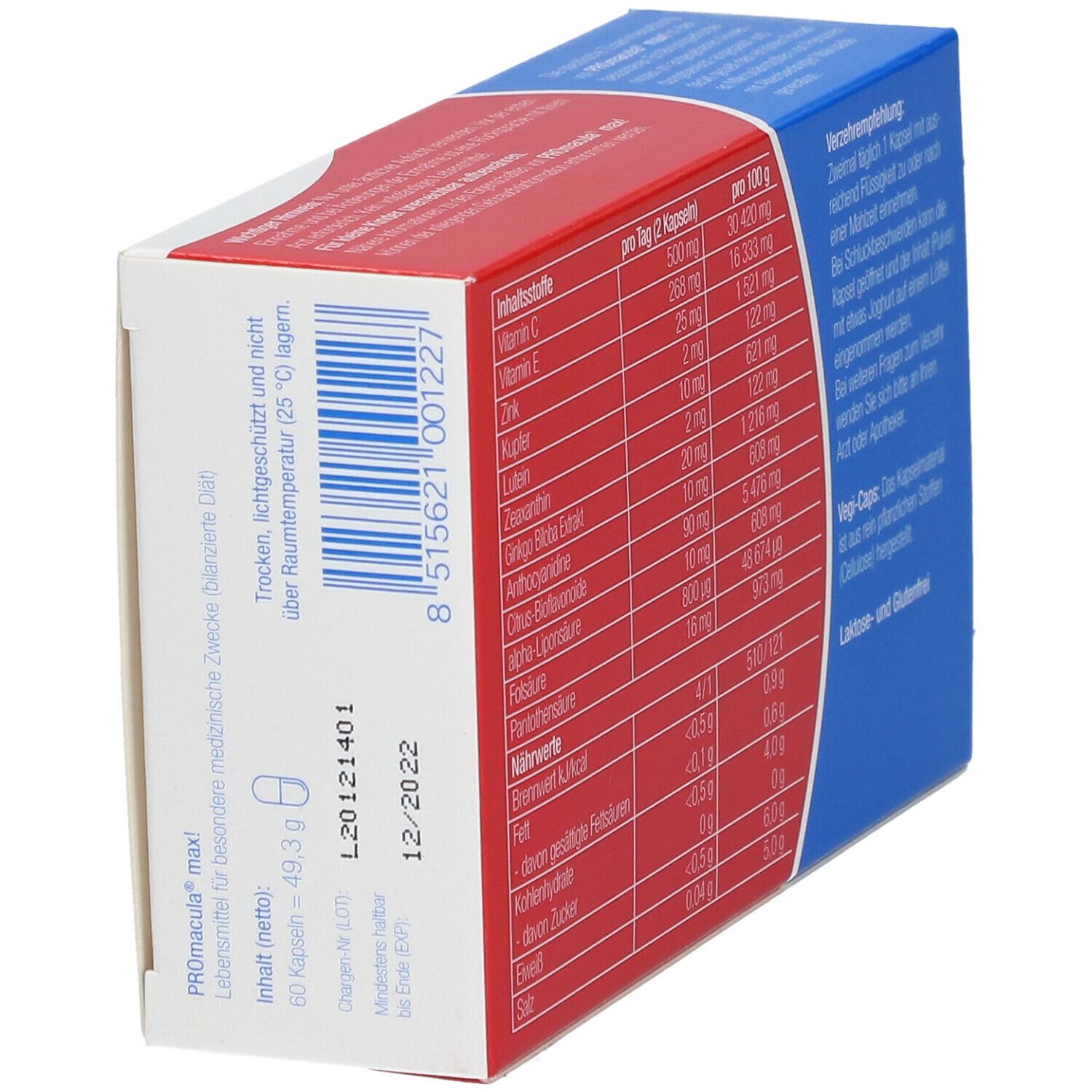 PROMACULA max! Packung, schräg von hinten. Enthält Nährwertangaben und Inhaltsstoffe. Mindestens haltbar bis 12/2022.