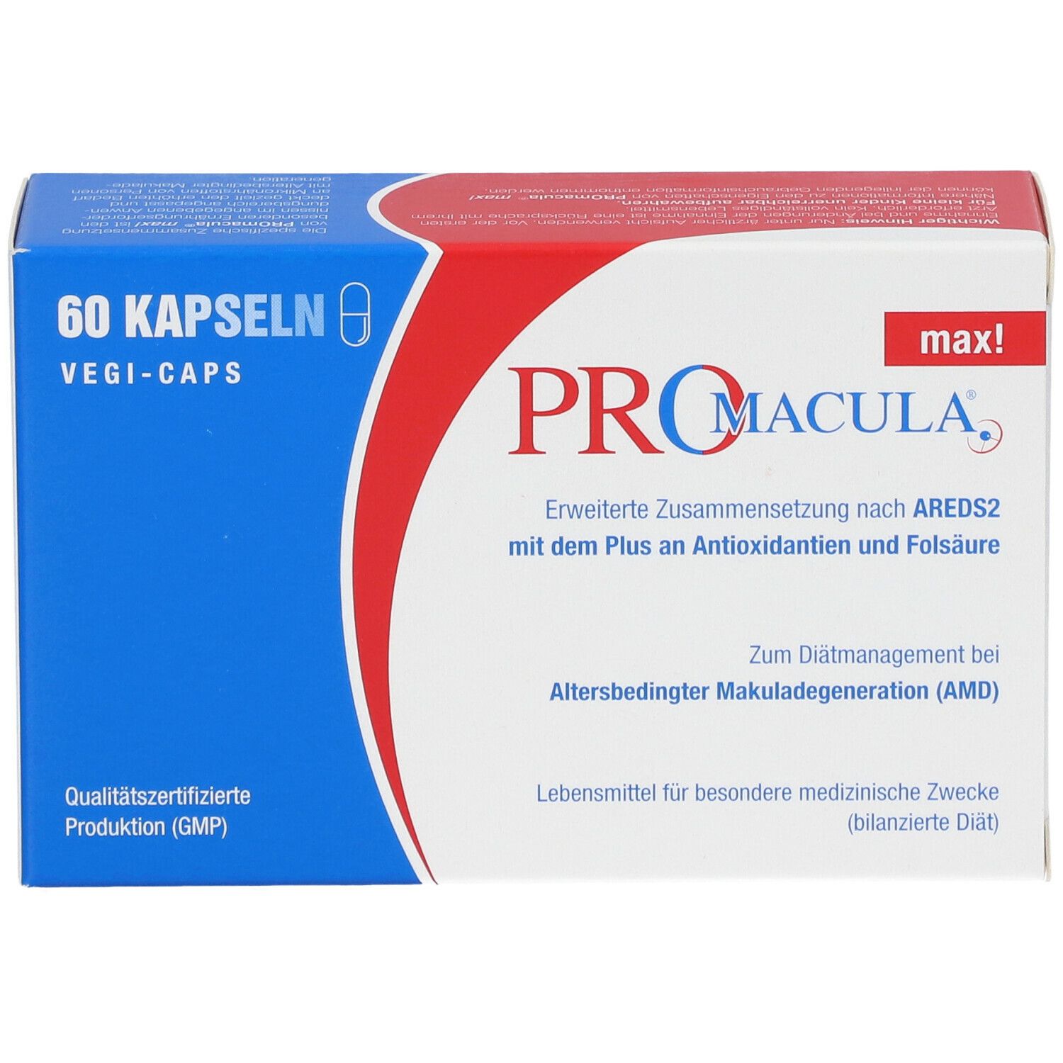PROMACULA max! Packung mit 60 Kapseln. Aufschrift: Vegi-Caps. Text: Erweiterte Zusammensetzung nach AREDS2.