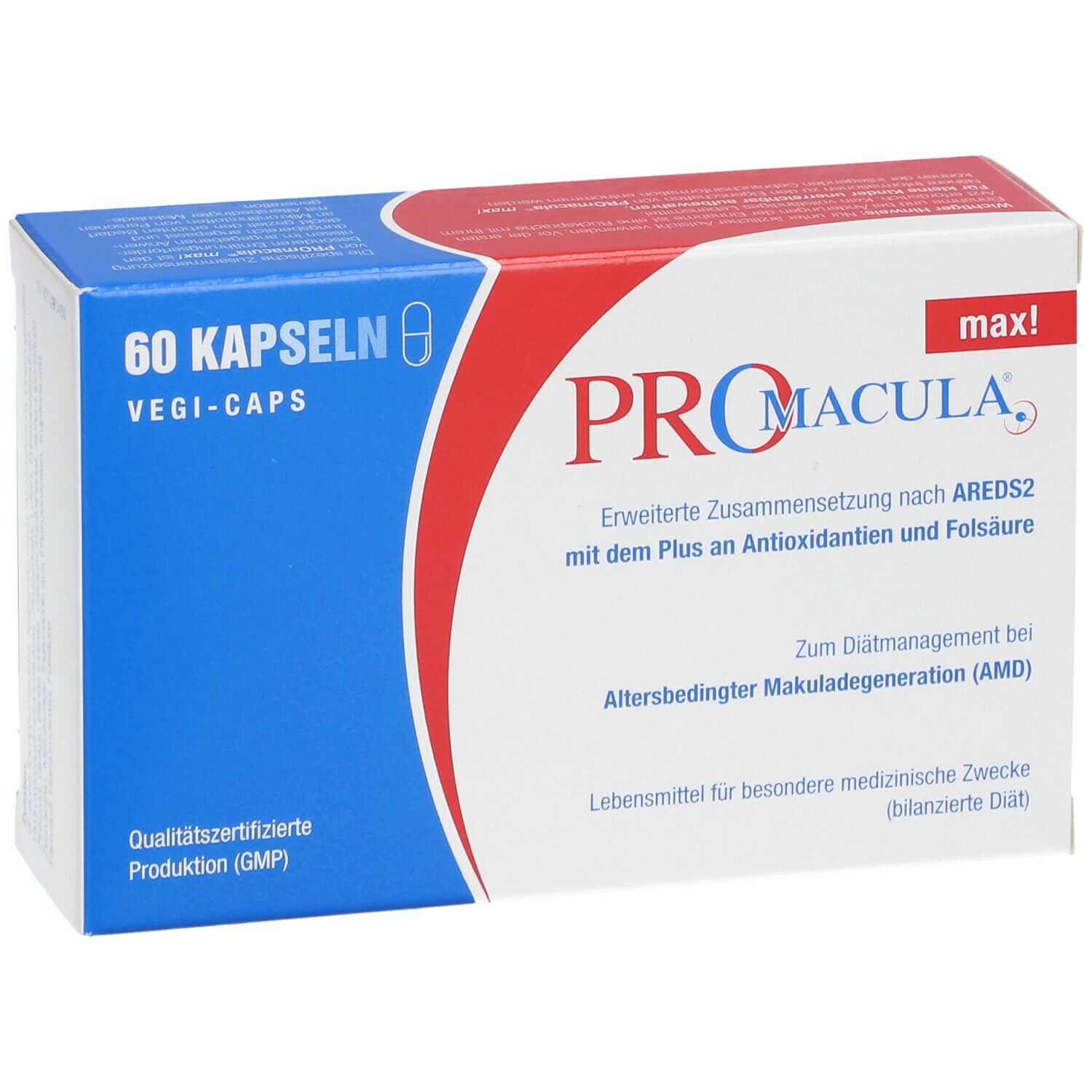 PROMACULA max! Packung mit 60 Kapseln. Aufschrift: Vegi-Caps. Text: Erweiterte Zusammensetzung nach AREDS2.