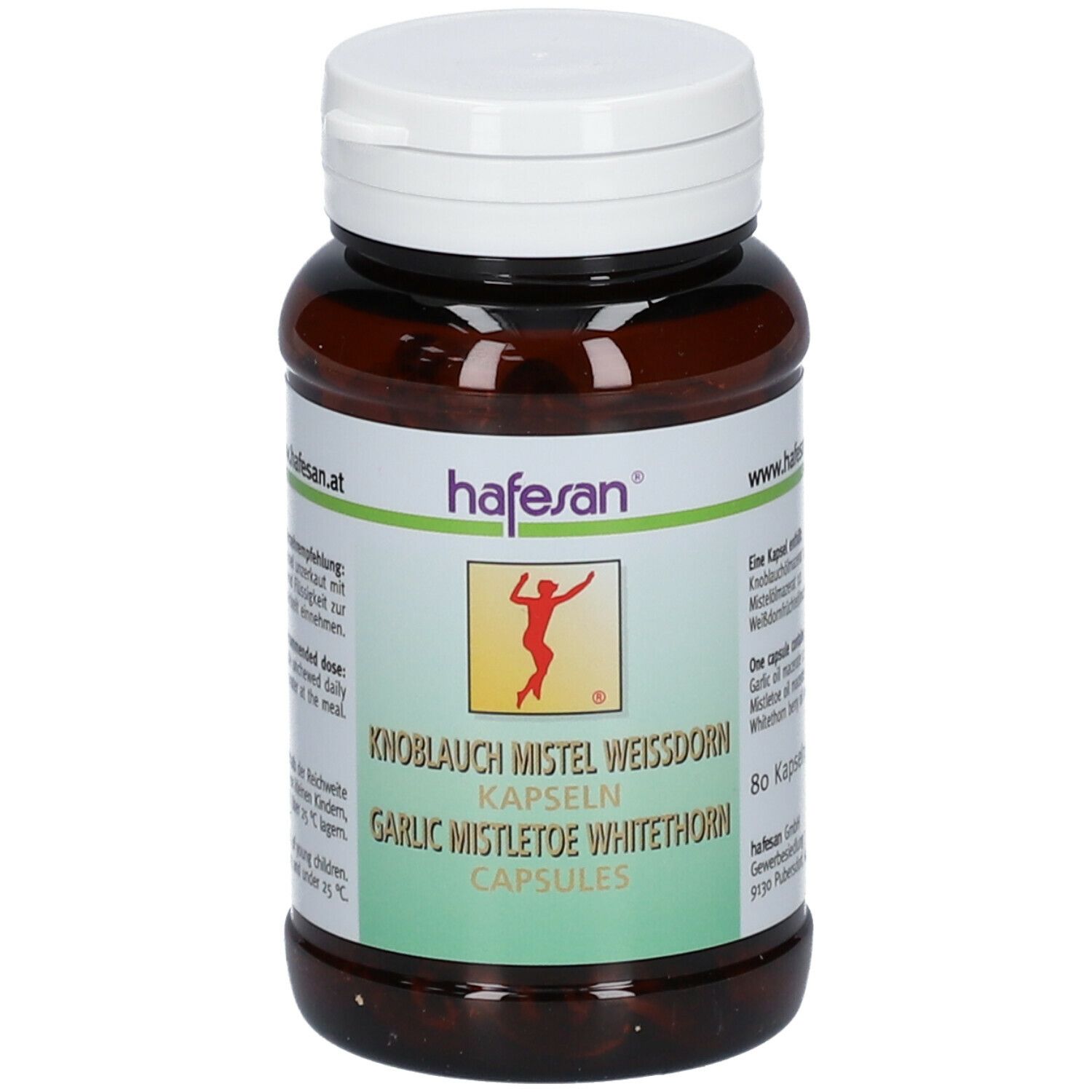 Flacon brun avec bouchon blanc. Inscription: hafesan®, Ail Gui Aubépine Capsules. Contient 80 capsules.