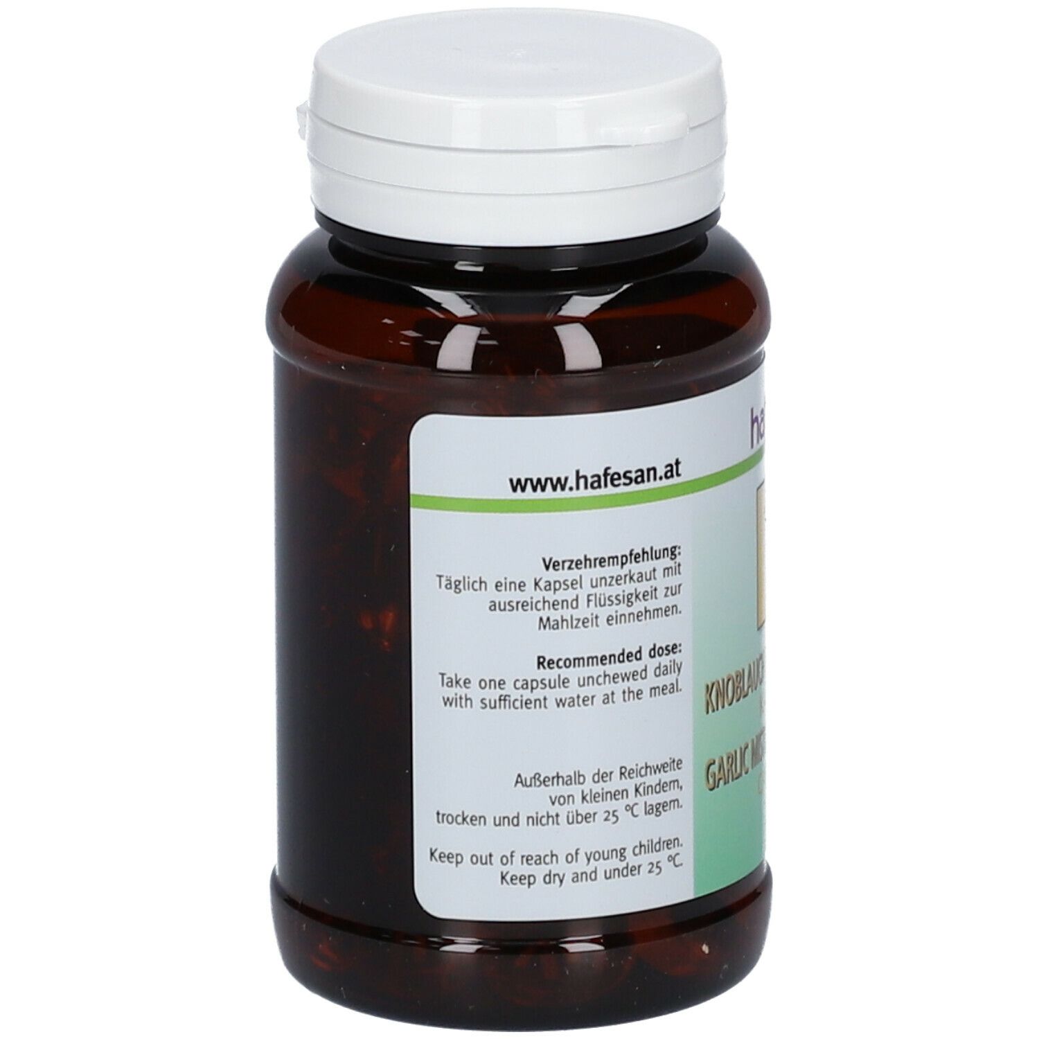 Dos du flacon de capsules. Inscription: hafesan®, recommandation d'utilisation, ingrédients. Contient 80 capsules.