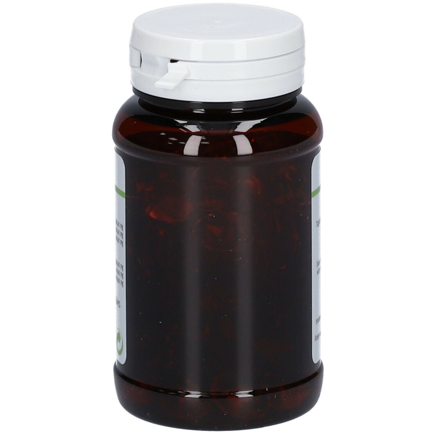 Flacon de capsules avec bouchon blanc. Capsules visibles. Flacon brun.