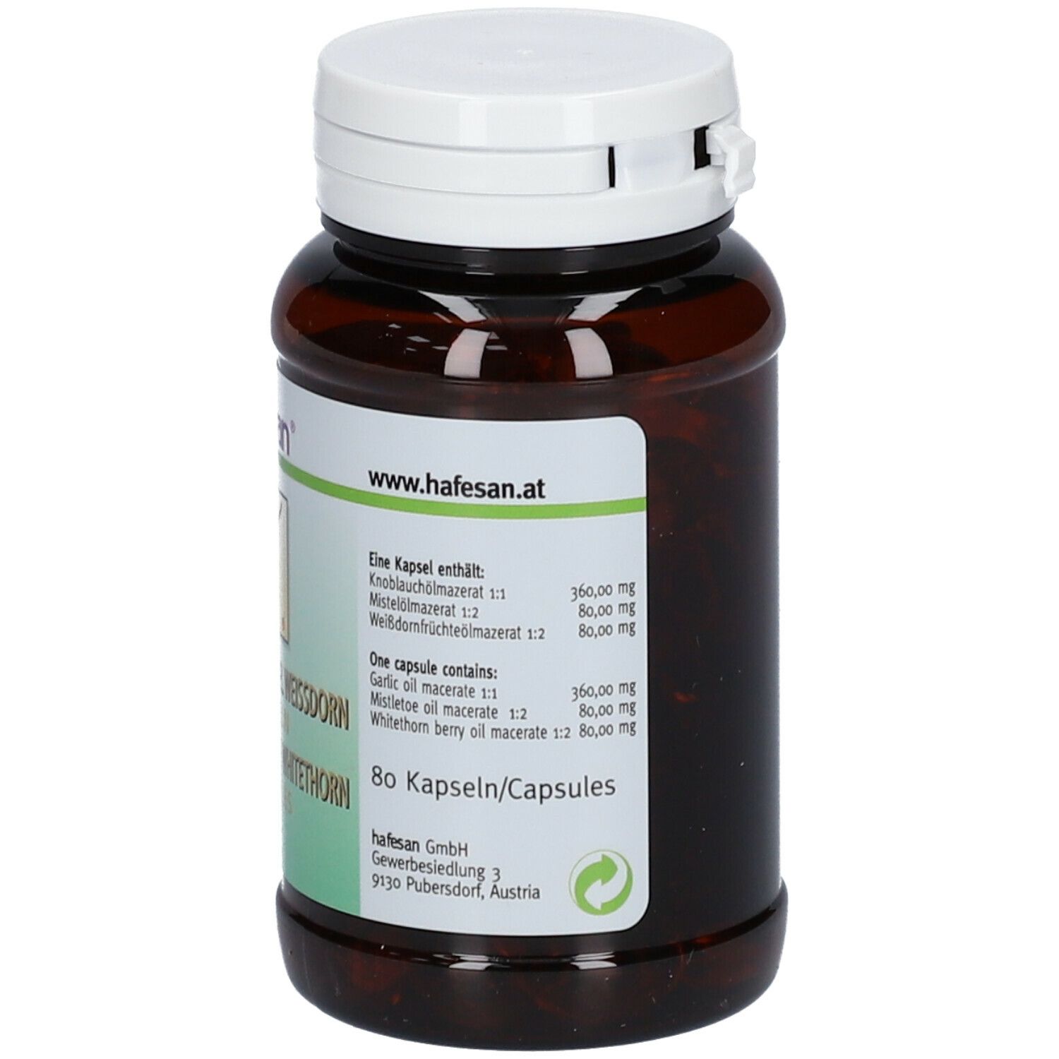 Dos du flacon de capsules. Inscription: hafesan®, ingrédients, 80 capsules.
