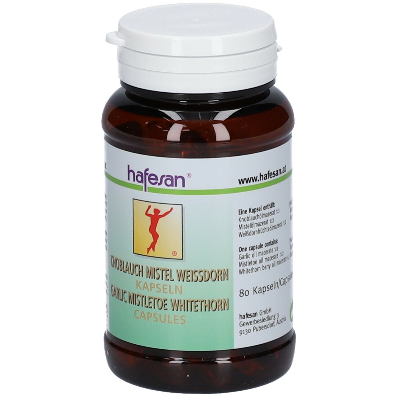 Flacon de capsules avec bouchon blanc. Inscription: hafesan®, Ail Gui Aubépine Capsules. Contient 80 capsules.