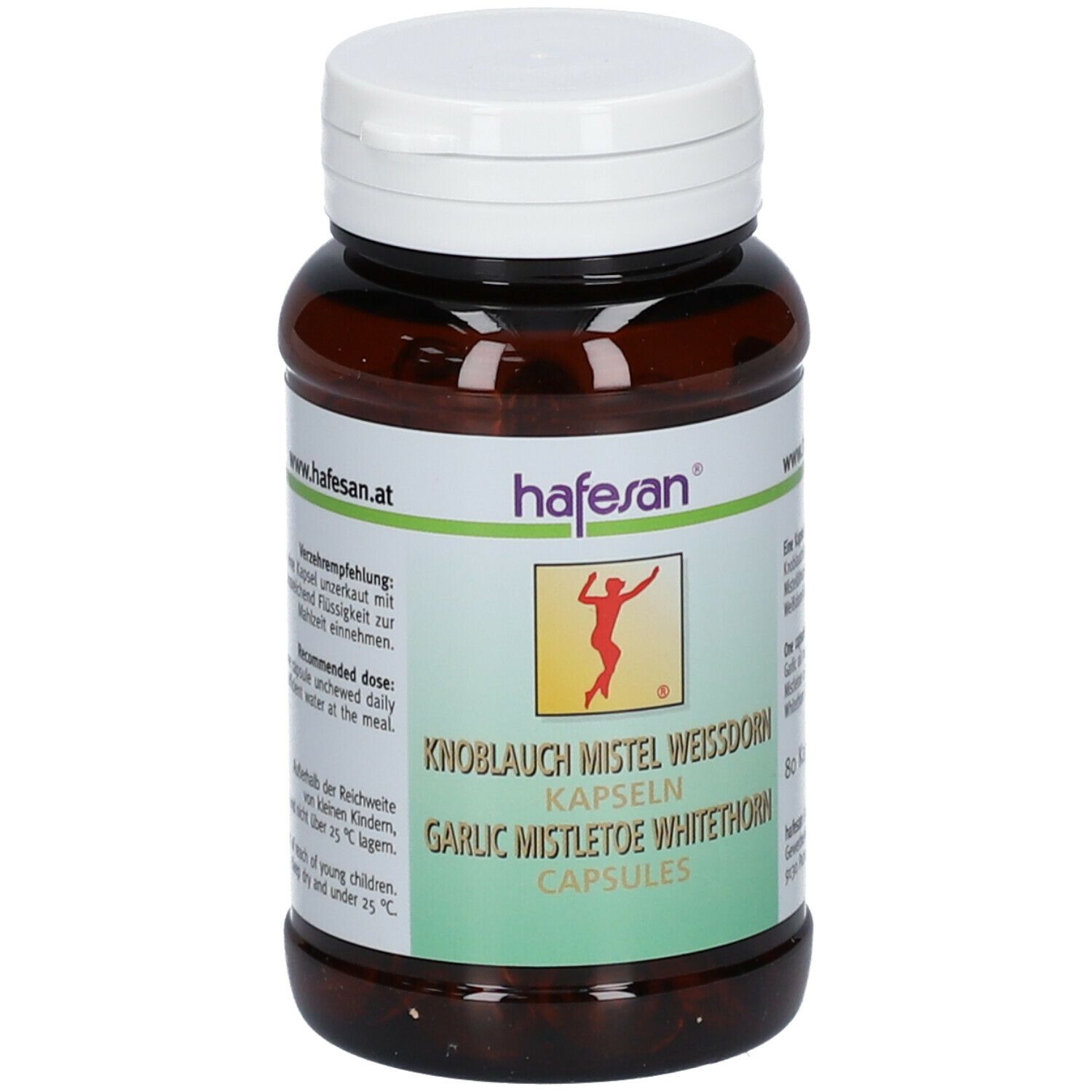 Flacon de capsules avec bouchon blanc. Inscription: hafesan®, Ail Gui Aubépine Capsules. Contient 80 capsules.
