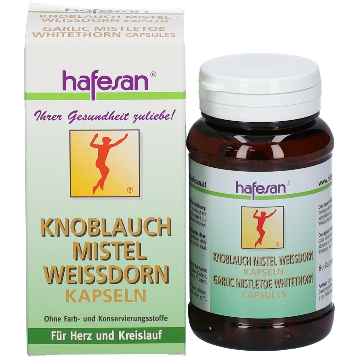 Flacon et boîte de capsules. Inscription: hafesan®, Ail Gui Aubépine Capsules. Contient 80 capsules.