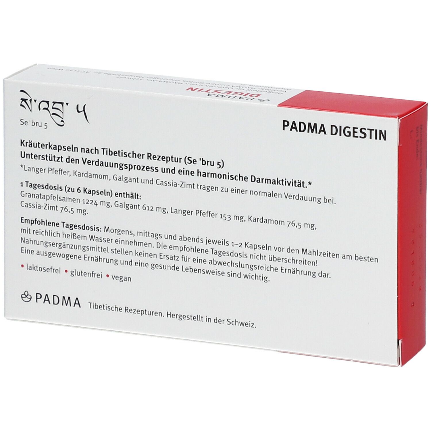 PADMA DIGESTIN® Kräuterkapseln-Schachtel. Text: PADMA DIGESTIN®, Kräuterkapseln zur Unterstützung des Magens. Vegan-Siegel.