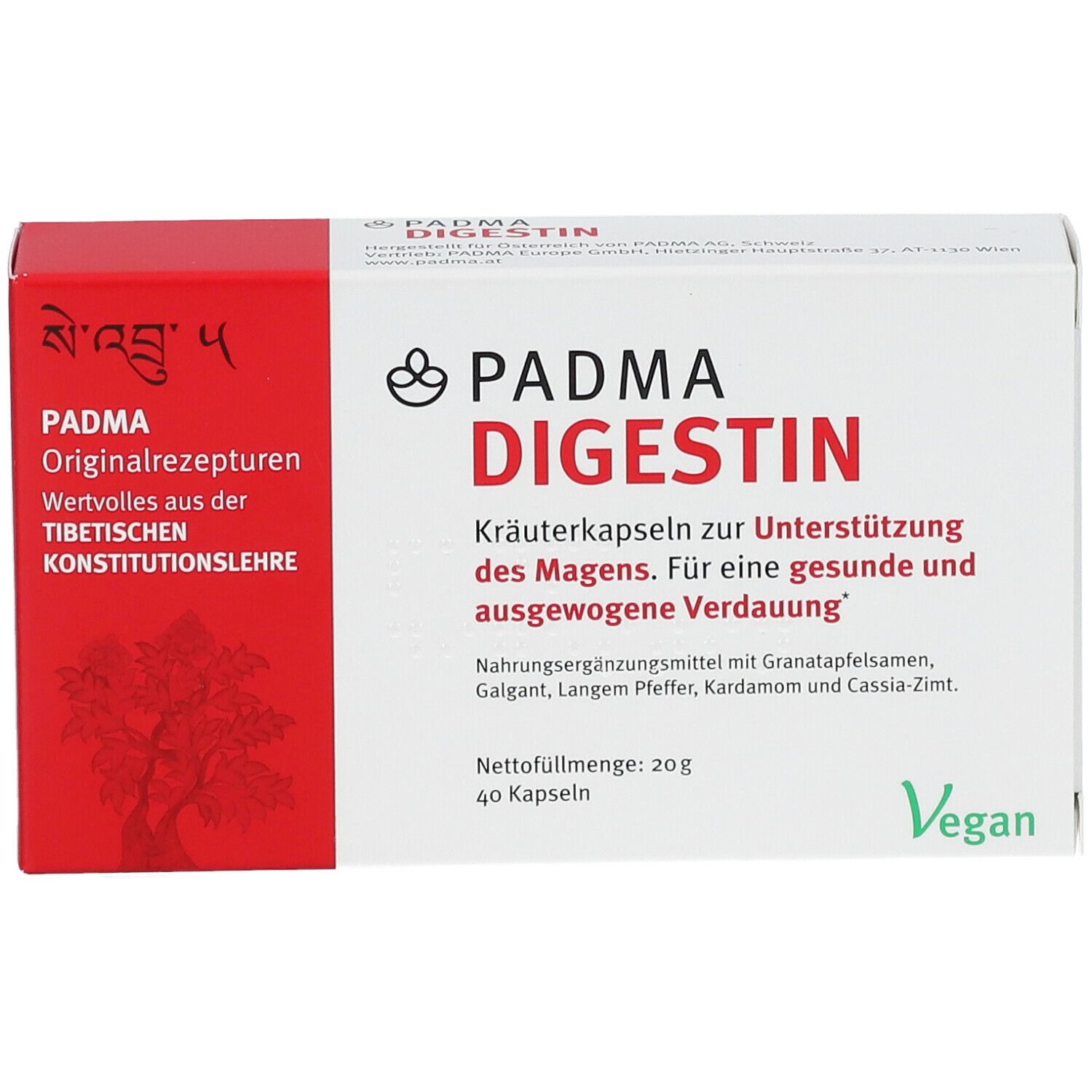 PADMA DIGESTIN® Kräuterkapseln-Schachtel. Text: PADMA DIGESTIN®, Kräuterkapseln zur Unterstützung des Magens. Vegan-Siegel. 40 Kapseln.