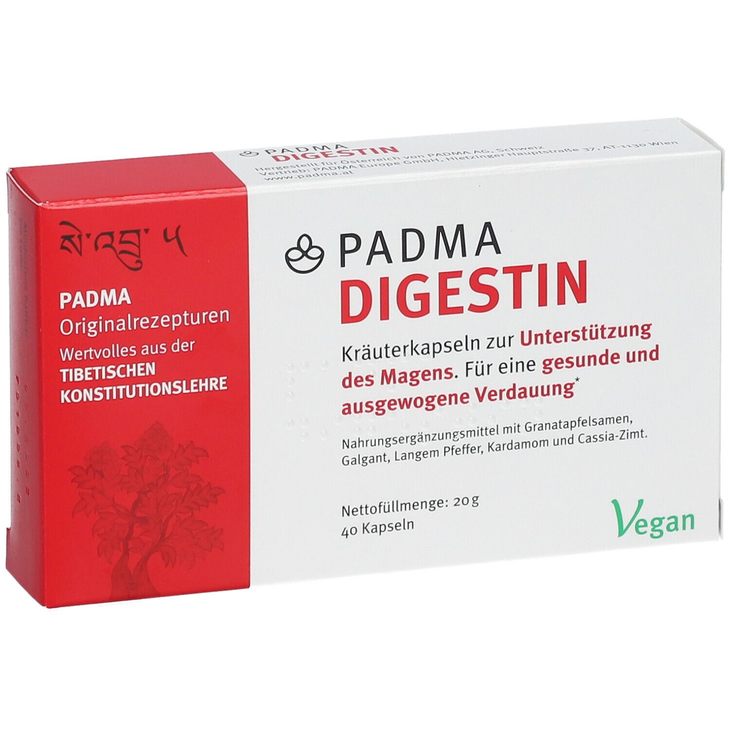 PADMA DIGESTIN® Kräuterkapseln-Schachtel. Text: PADMA DIGESTIN®, Kräuterkapseln zur Unterstützung des Magens. Vegan-Siegel. 40 Kapseln.
