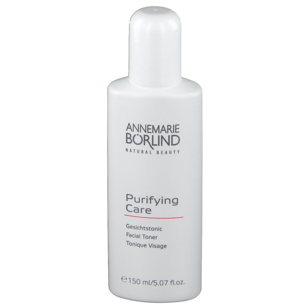 Weiße Flasche mit Produktetikett. Text: ANNEMARIE BÖRLIND, Purifying Care, Gesichtstonic, Facial Toner, Tonique Visage.