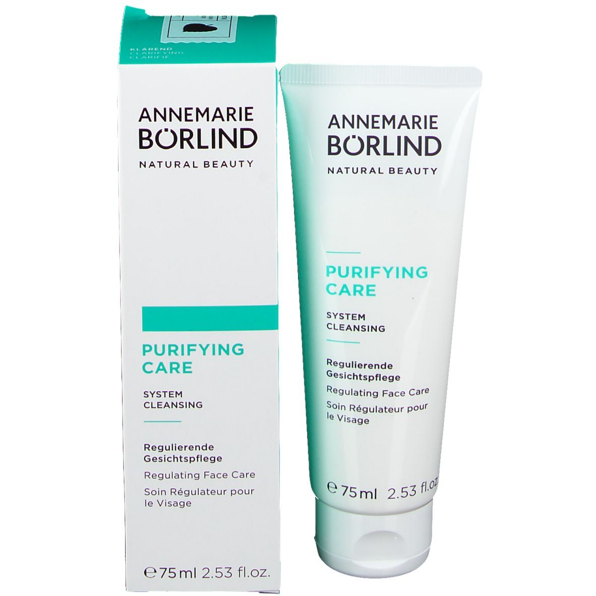 Produktverpackung mit Tube. Weiße Schachtel und Tube. Aufdruck: "Purifying Care" und "Annemarie Börlind".