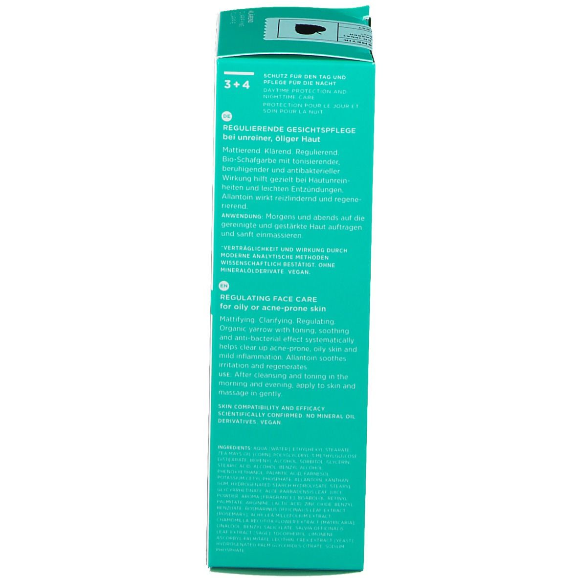 Rückseite der Produktverpackung. Text in mehreren Sprachen. Informationen zur Anwendung und Inhaltsstoffen.