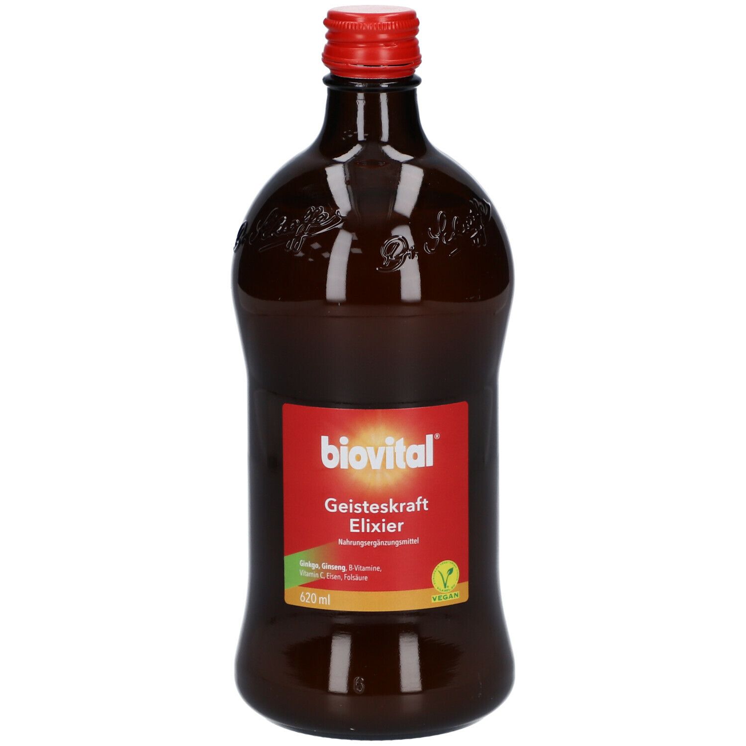 Braune Flasche mit rotem Verschluss. Rotes Etikett mit weißer Schrift: biovital, Geisteskraft Elixier. Vegan-Siegel.