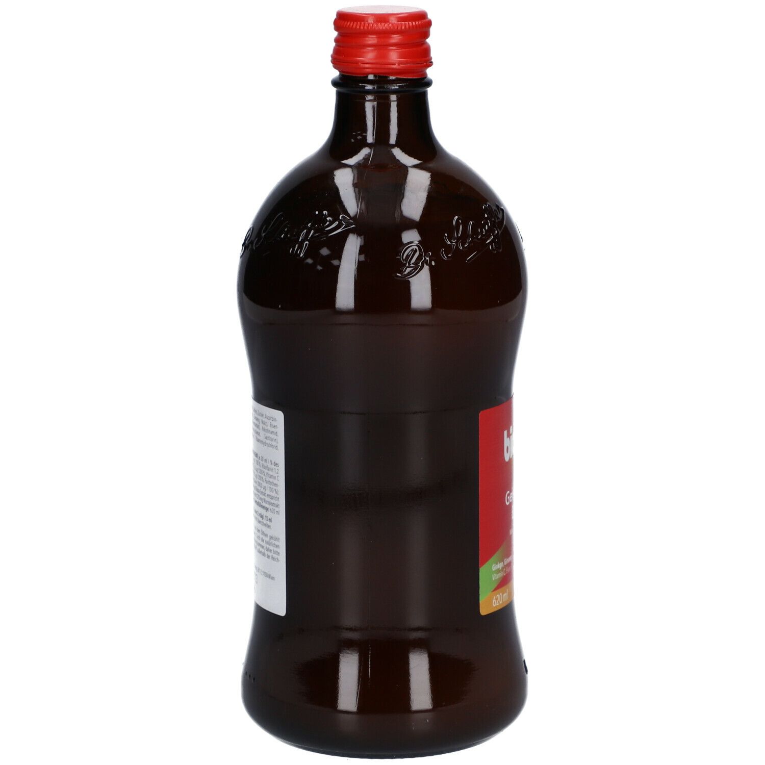 Braune Flasche mit rotem Verschluss. Aufkleber mit Text. Flasche mit eingeprägtem Schriftzug.