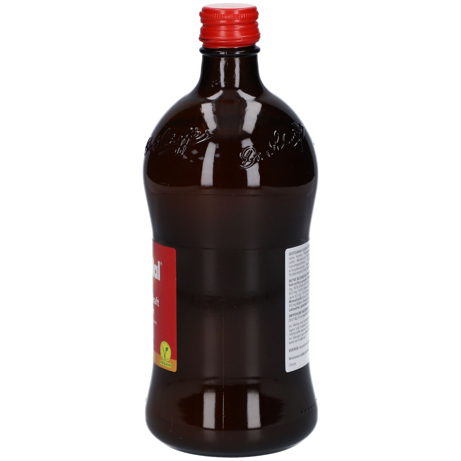 Braune Flasche mit rotem Verschluss. Aufkleber mit Text. Flasche mit eingeprägtem Schriftzug.
