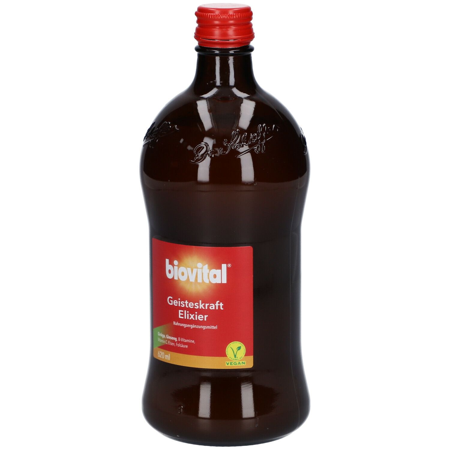 Braune Flasche mit rotem Verschluss. Rotes Etikett mit weißer Schrift: biovital, Geisteskraft Elixier. Vegan-Siegel.