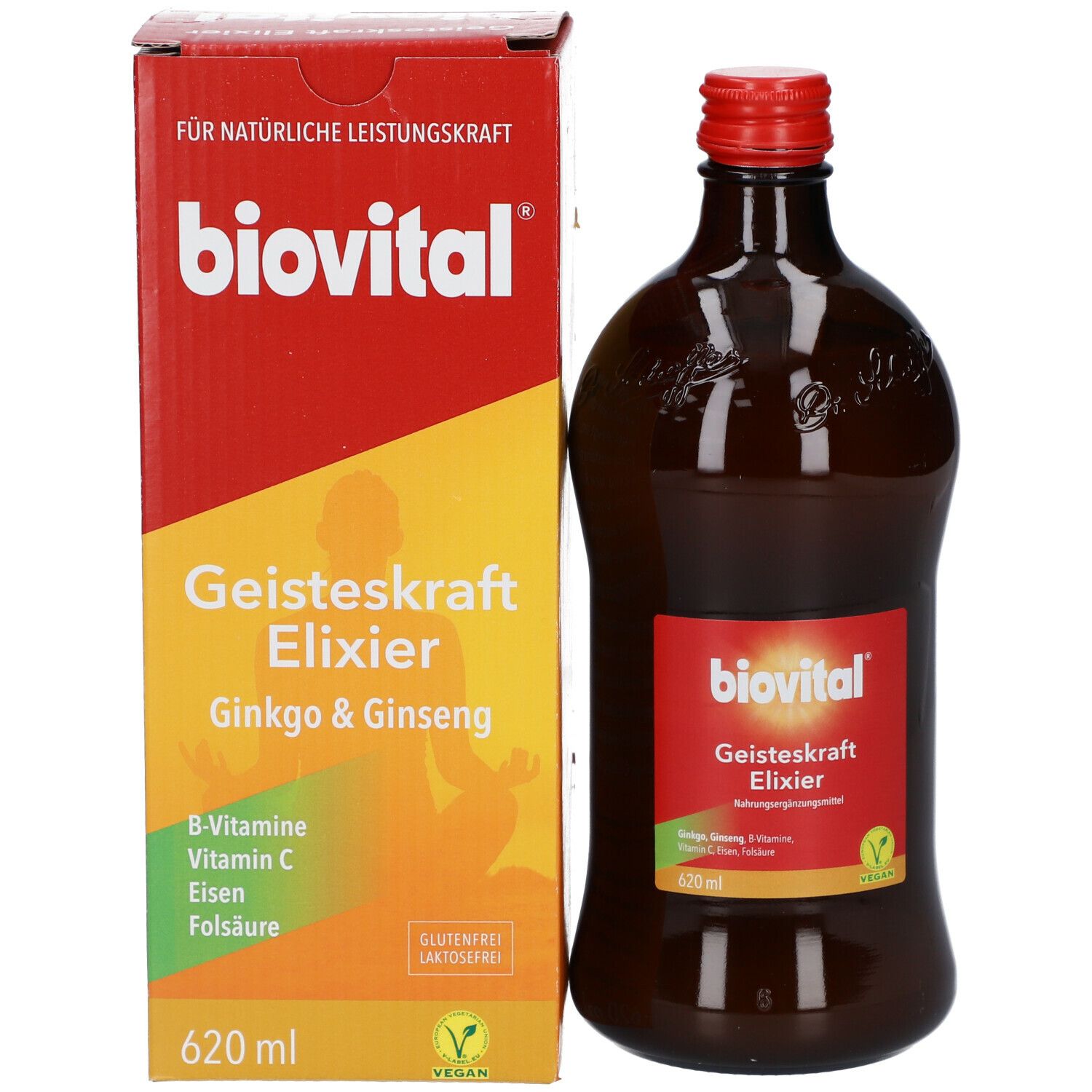 Produktflasche und Verpackung. Rote Verpackung mit weißer Schrift: biovital, Geisteskraft Elixier. Vegan-Siegel. 620 ml.