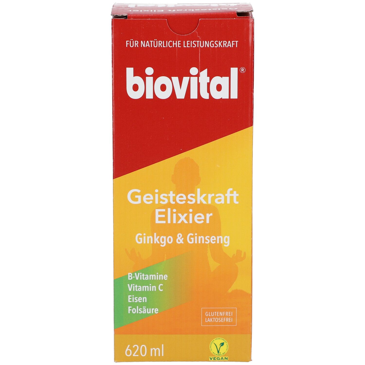 Rote Verpackung mit weißer Schrift: biovital, Geisteskraft Elixier. Vegan-Siegel. 620 ml. Abbildung einer Person.
