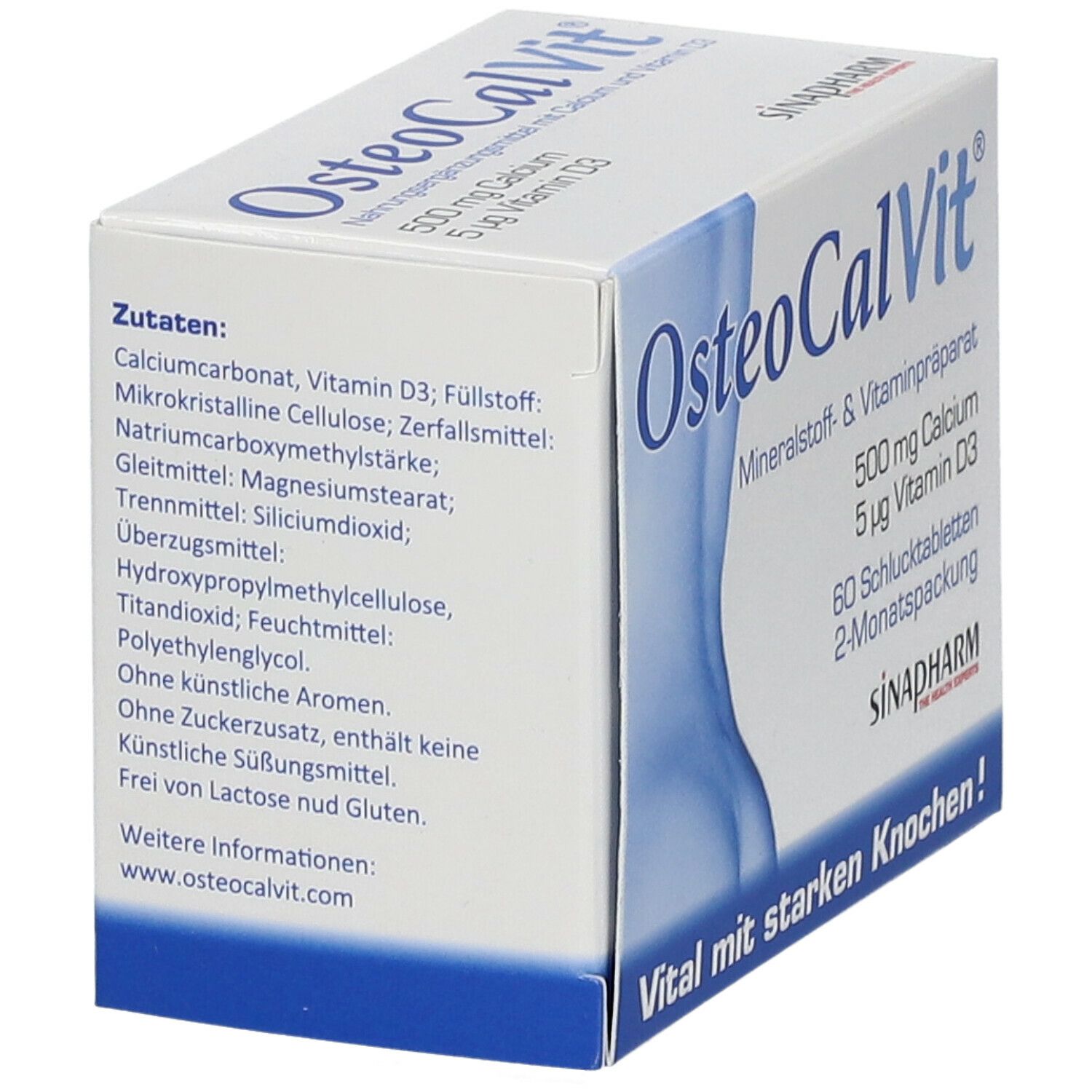 Osteo CalVit®-Verpackung. Zutatenliste: Calciumcarbonat, Vitamin D3, Füllstoff, Mikrokristalline Cellulose, etc. Ohne Zuckerzusatz, glutenfrei.
