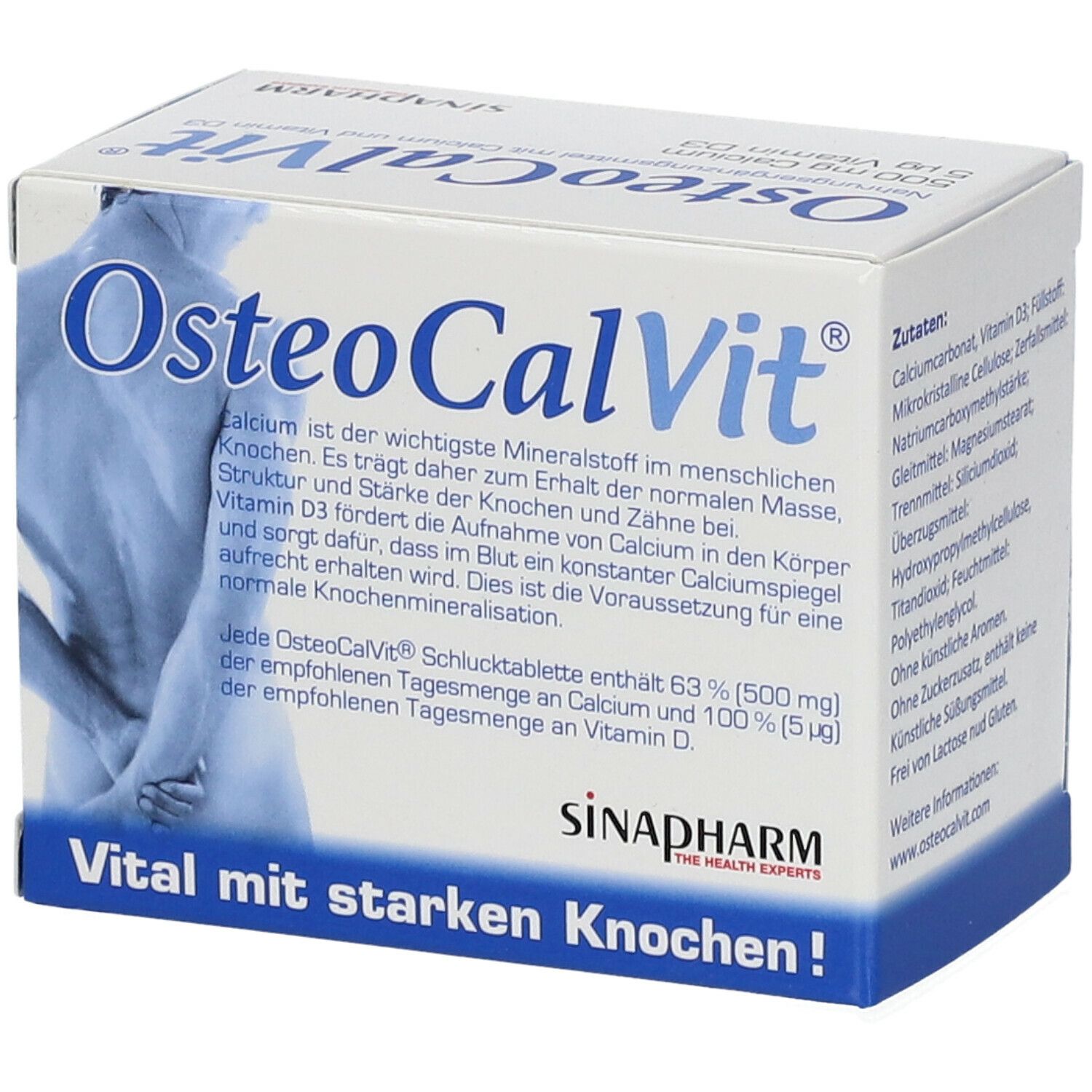 Osteo CalVit®-Verpackung. Mineralstoff- und Vitaminpräparat. Enthält 500 mg Calcium, 5 µg Vitamin D3. 60 Tabletten. 2-Monatspackung. SINAPHARM.