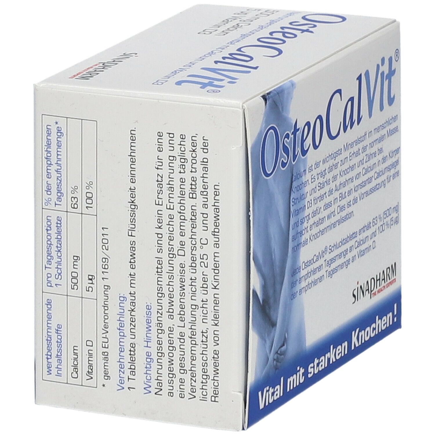 Osteo CalVit®-Verpackung. Nährwertangaben pro Tablette: 500 mg Calcium, 5 µg Vitamin D. Empfehlung: 1 Tablette täglich.