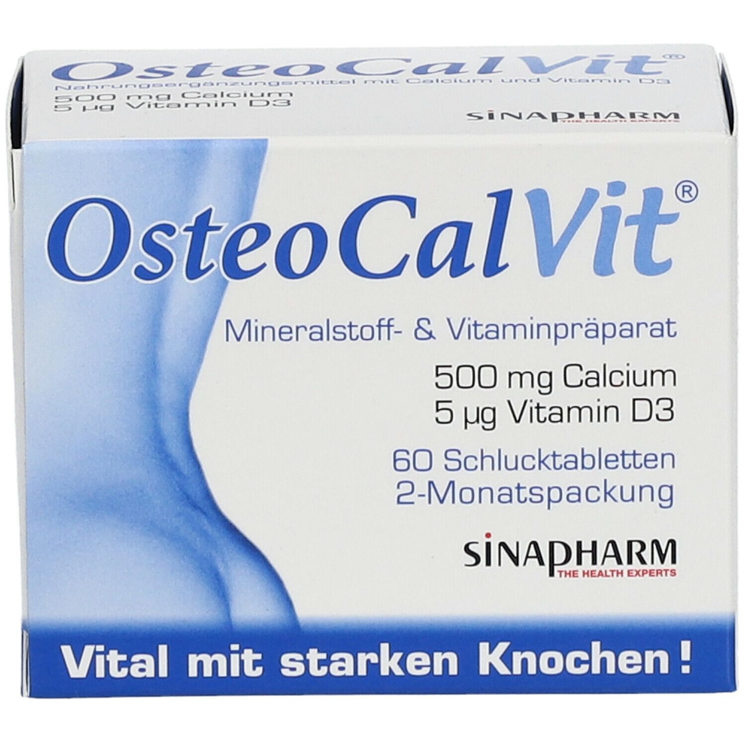 Osteo CalVit®-Verpackung. Mineralstoff- und Vitaminpräparat. Enthält 500 mg Calcium, 5 µg Vitamin D3. 60 Tabletten. 2-Monatspackung. SINAPHARM.