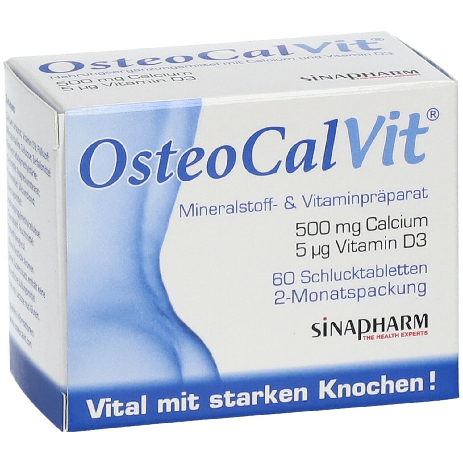 Osteo CalVit®-Verpackung. Mineralstoff- und Vitaminpräparat. Enthält 500 mg Calcium, 5 µg Vitamin D3. 60 Tabletten. 2-Monatspackung. SINAPHARM.