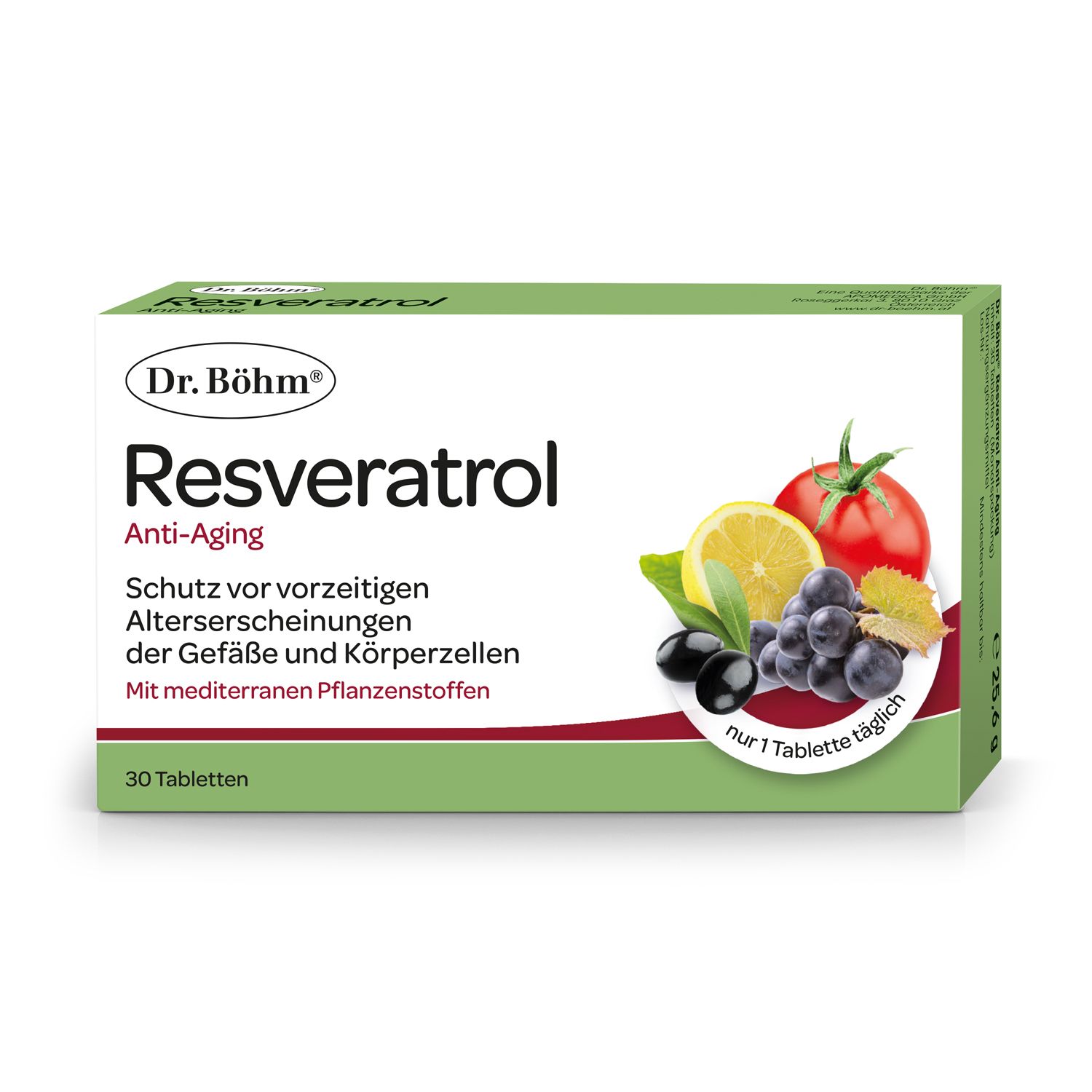 Grüne Schachtel mit Dr. Böhm Resveratrol Anti-Aging Dragees. Abbildung von Früchten.