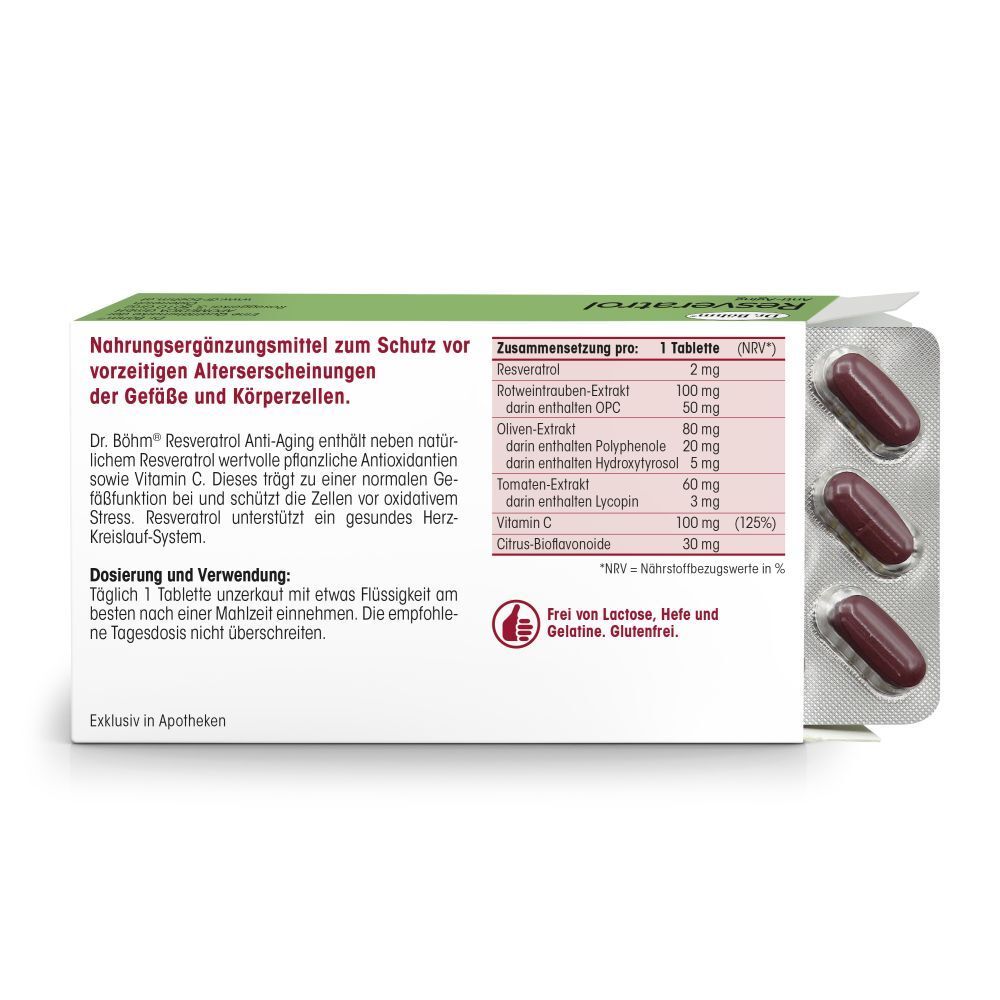 Rückseite der Dr. Böhm Resveratrol Anti-Aging Dragees Packung. Inhaltsstoffe und Dosierung.