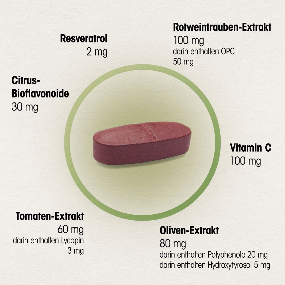 Abbildung einer Tablette mit Inhaltsstoffen: Resveratrol, Vitamin C, Tomaten-Extrakt, Oliven-Extrakt.