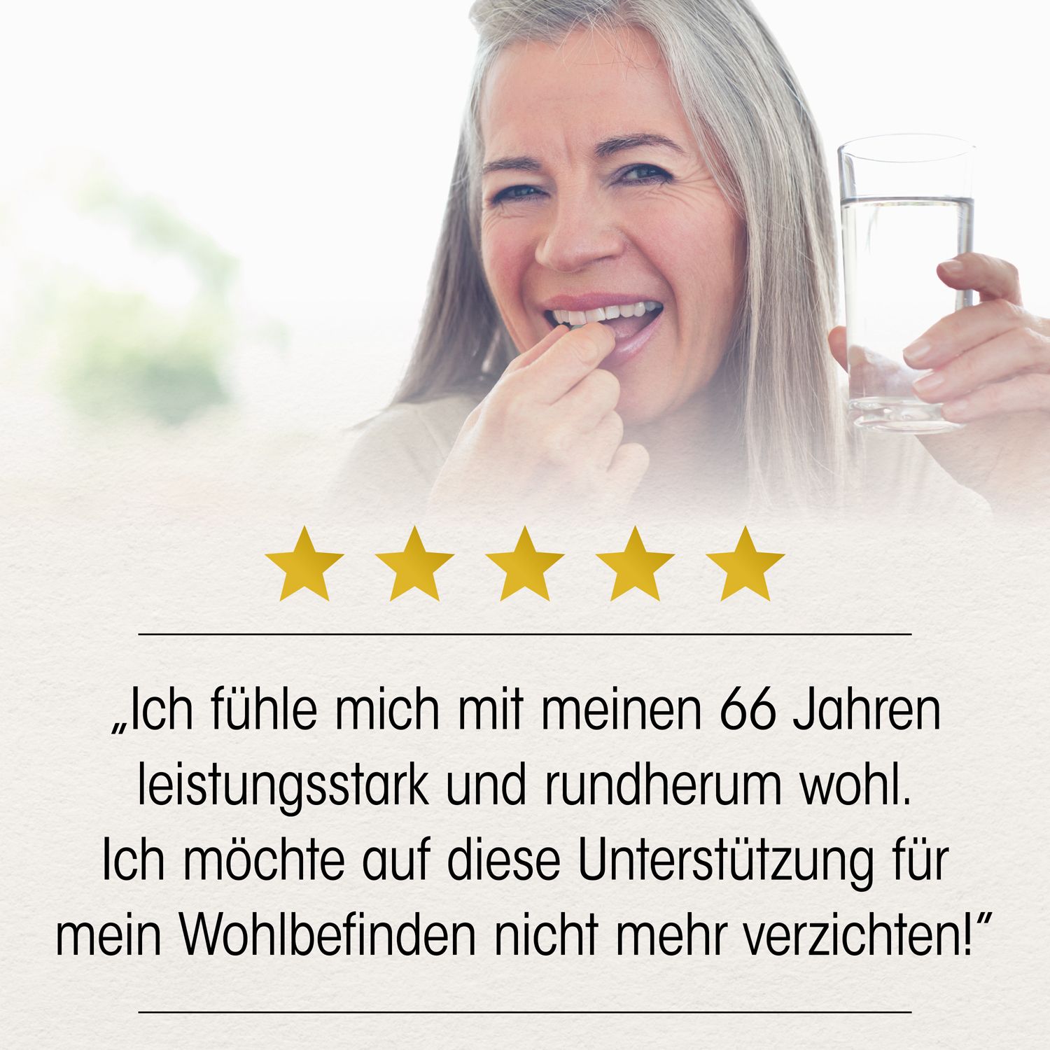 Ältere Frau trinkt Wasser und nimmt eine Tablette. Sterne und Text: Ich fühle mich wohl.