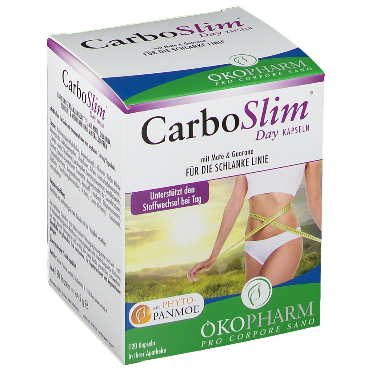 Karton CarboSlim Day Kapseln. Vorderseite mit Produktnamen, Frau mit Maßband, Logo ÖKOPHARM.