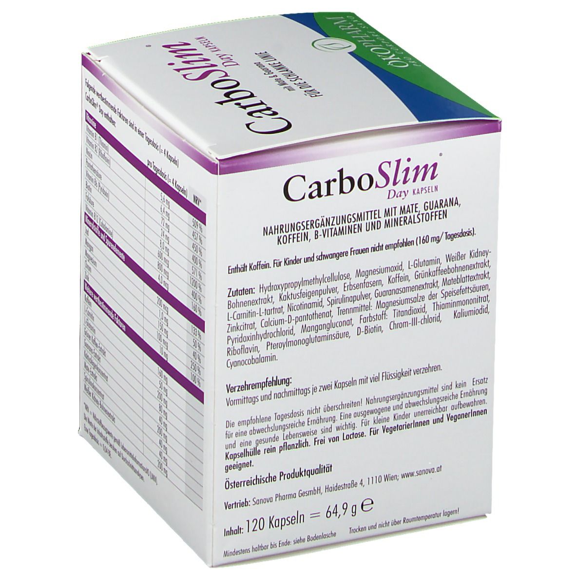 Seite der CarboSlim Day Kapseln Verpackung. Auflistung der Inhaltsstoffe, Logo ÖKOPHARM.