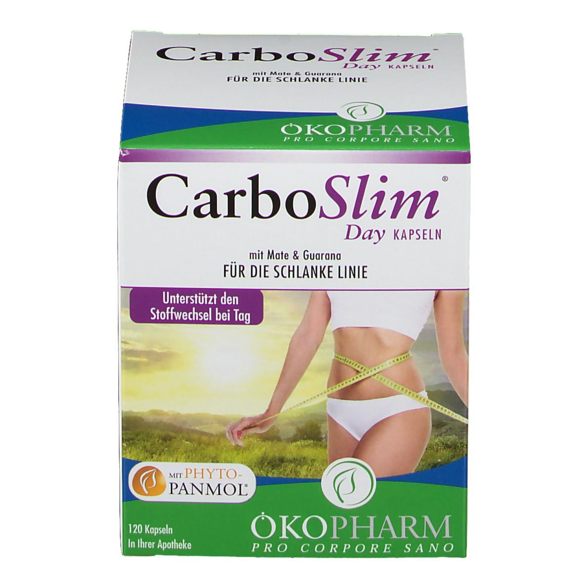 Vorderseite der CarboSlim Day Kapseln Verpackung. Produktname, Frau mit Maßband, Logo ÖKOPHARM.