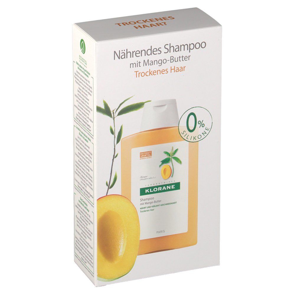 Klorane Shampoo mit Mangobutter für trockenes Haar. Produkt in Verpackung mit Mango-Abbildung.