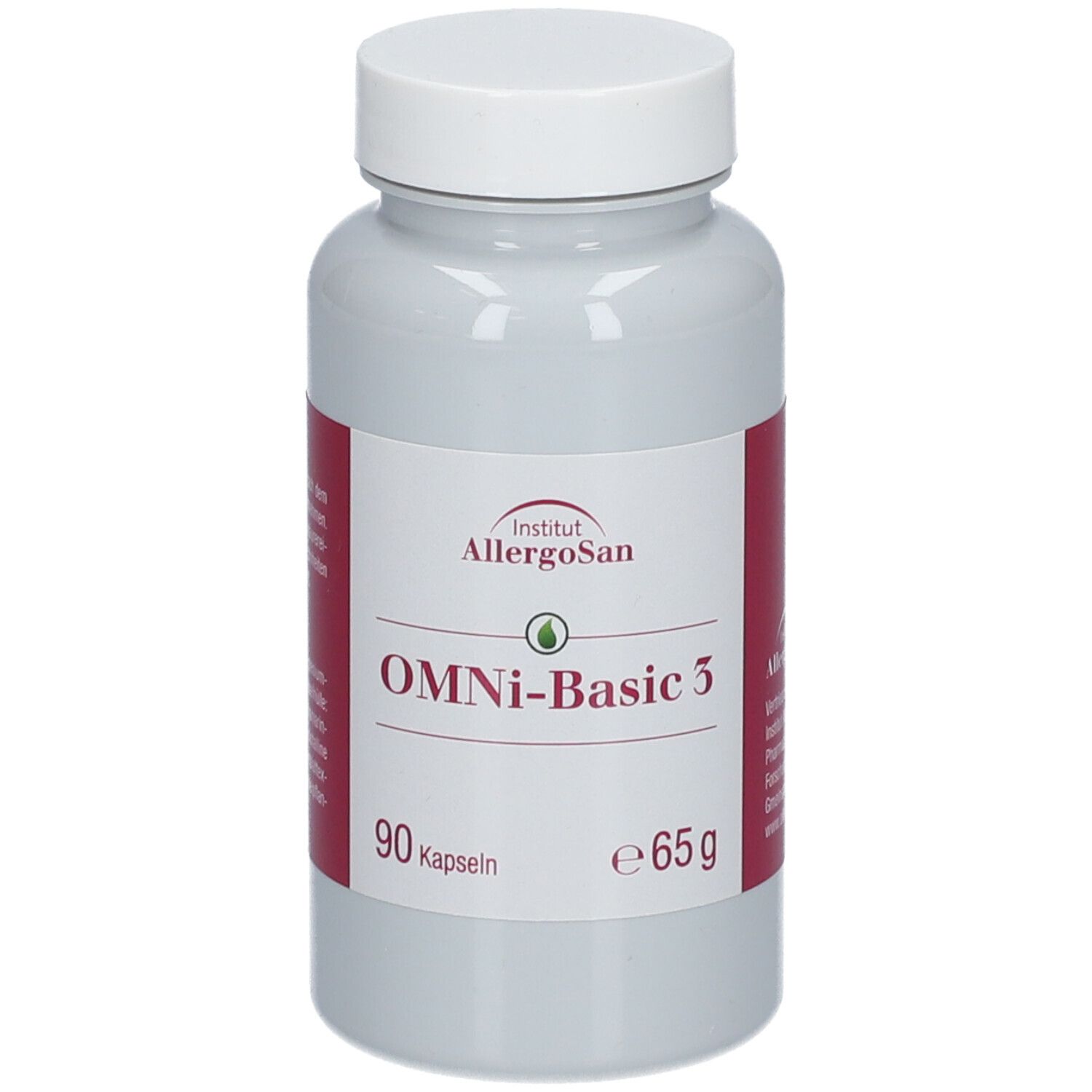 Flacon gris avec bouchon blanc. Inscription OMNi-Basic 3, 90 capsules, e65g. Logo Institut Allergosan.